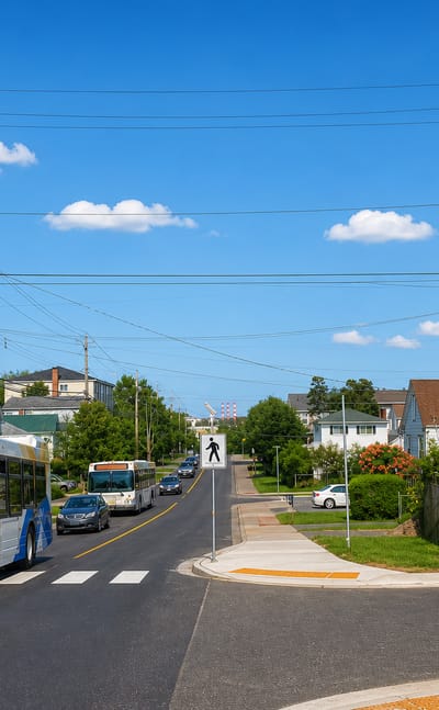 City buses and clapboard houses along a sunlit residential street in Fairview, Dartmouth, Nova Scotia.