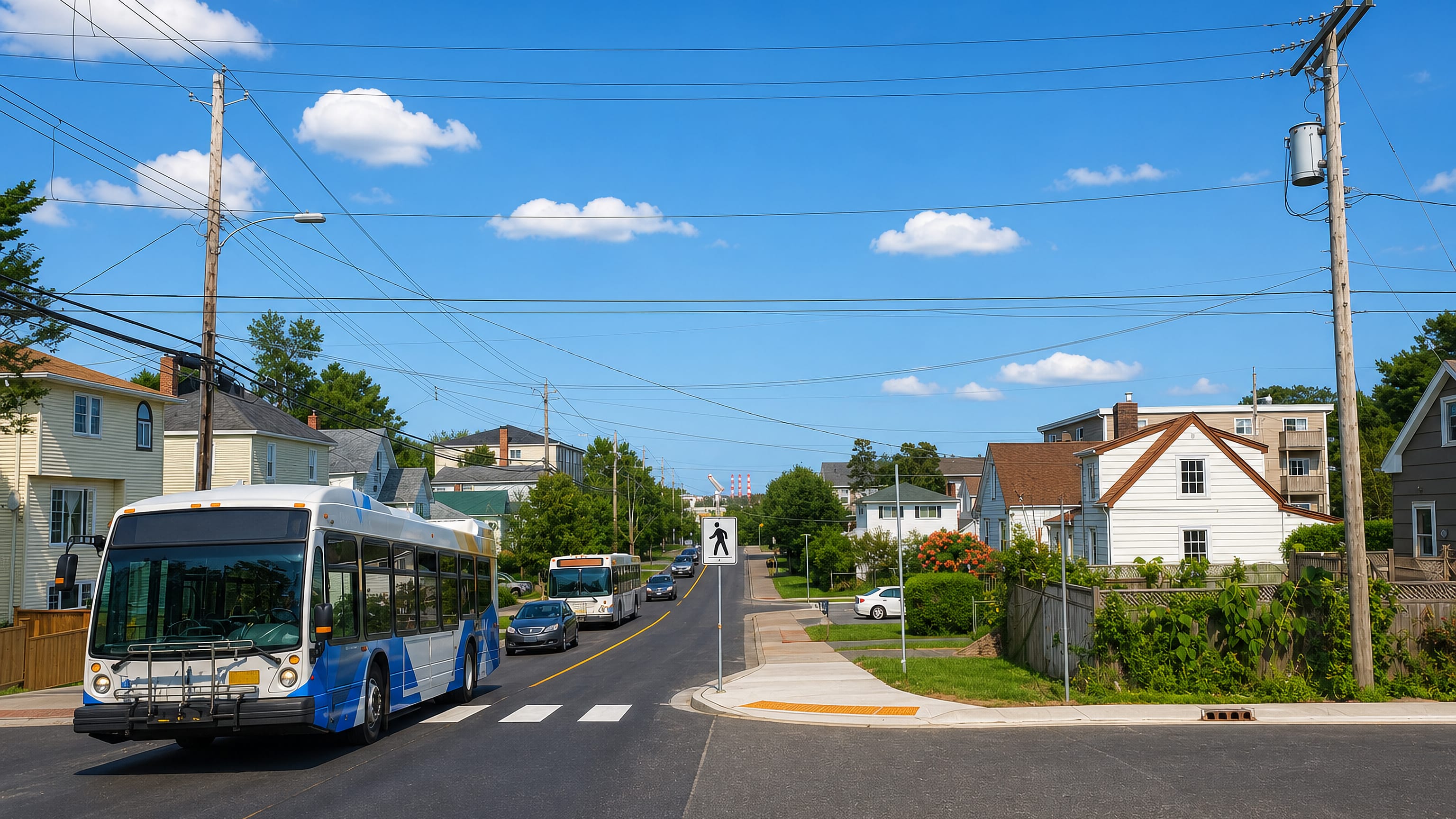 City buses and clapboard houses along a sunlit residential street in Fairview, Dartmouth, Nova Scotia.