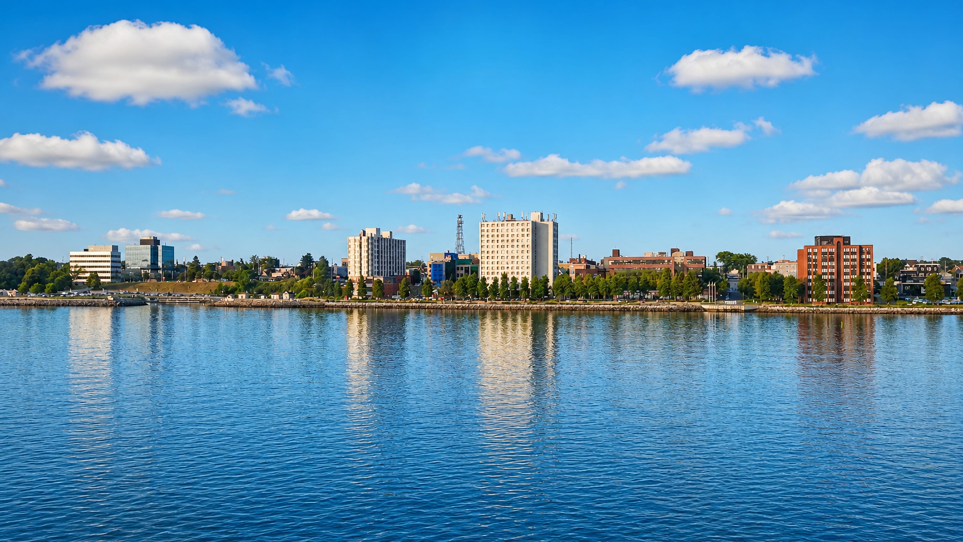 Sydney, Nova Scotia's low-rise waterfront skyline mirrored in the calm water of Sydney Harbour.