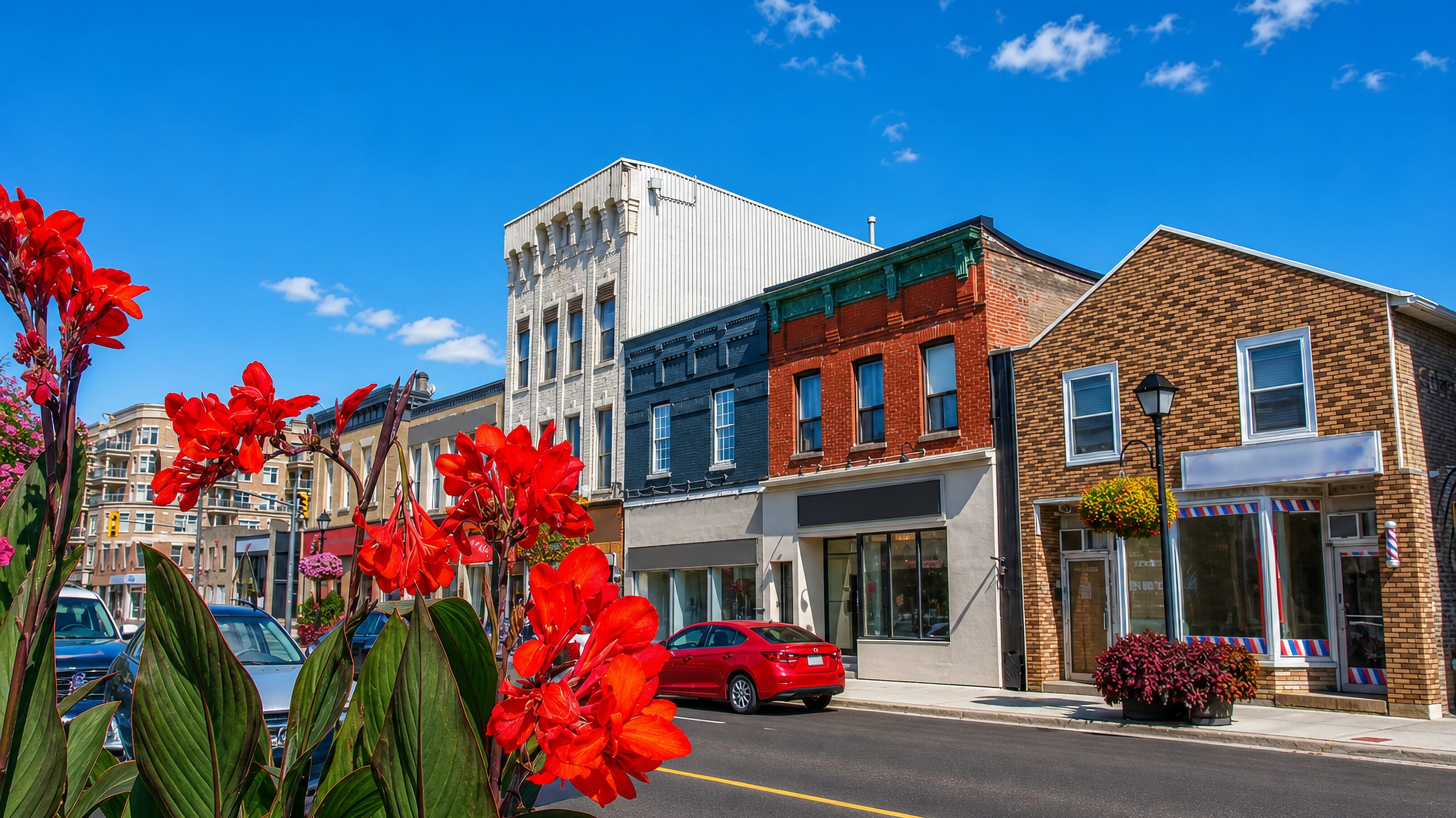 Heritage brick storefronts along Aurora's main street in Ontario, with red canna flowers in the foreground.