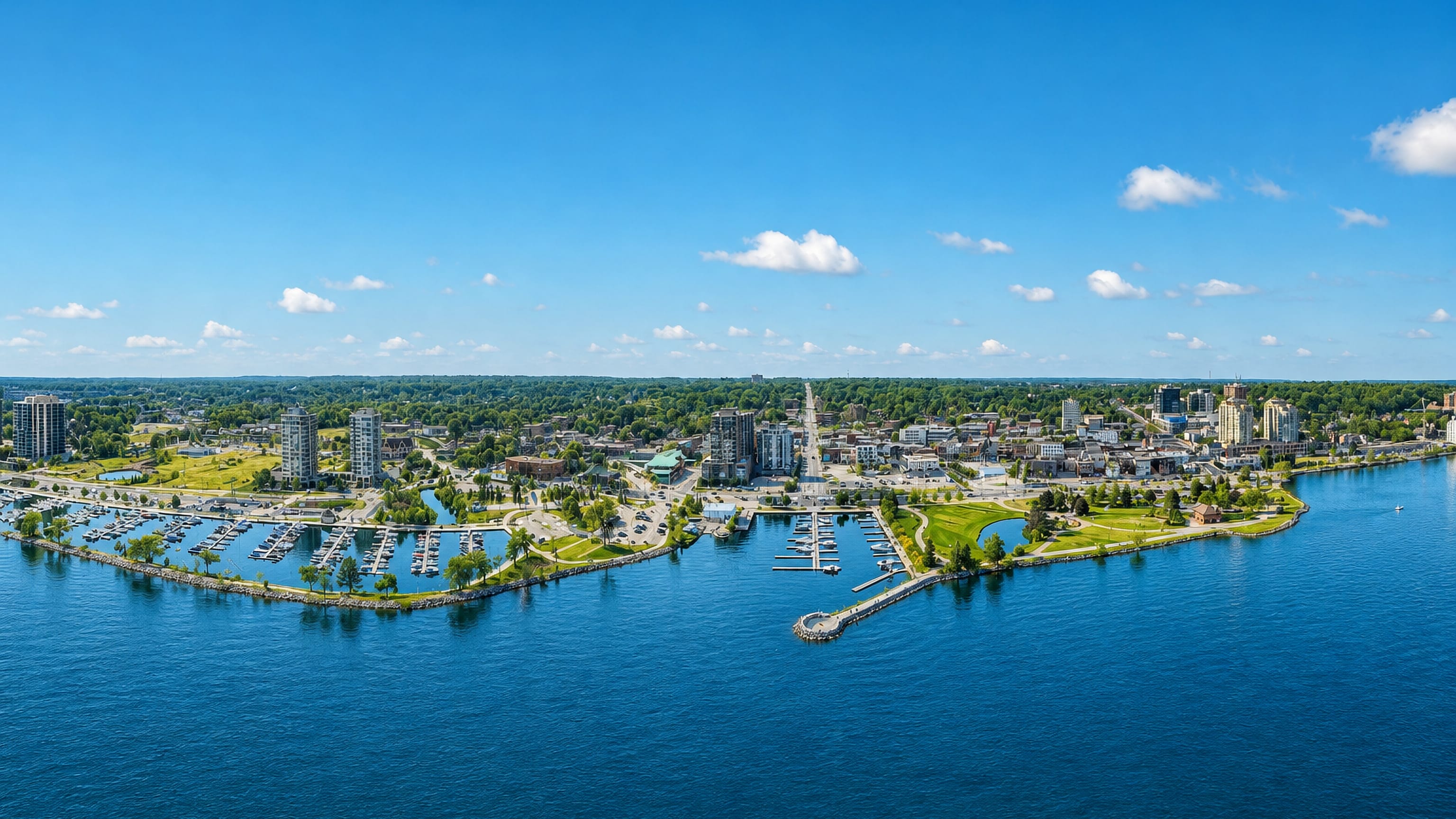 Aerial of Barrie's downtown waterfront, marina and shoreline park on Kempenfelt Bay, Lake Simcoe, Ontario.