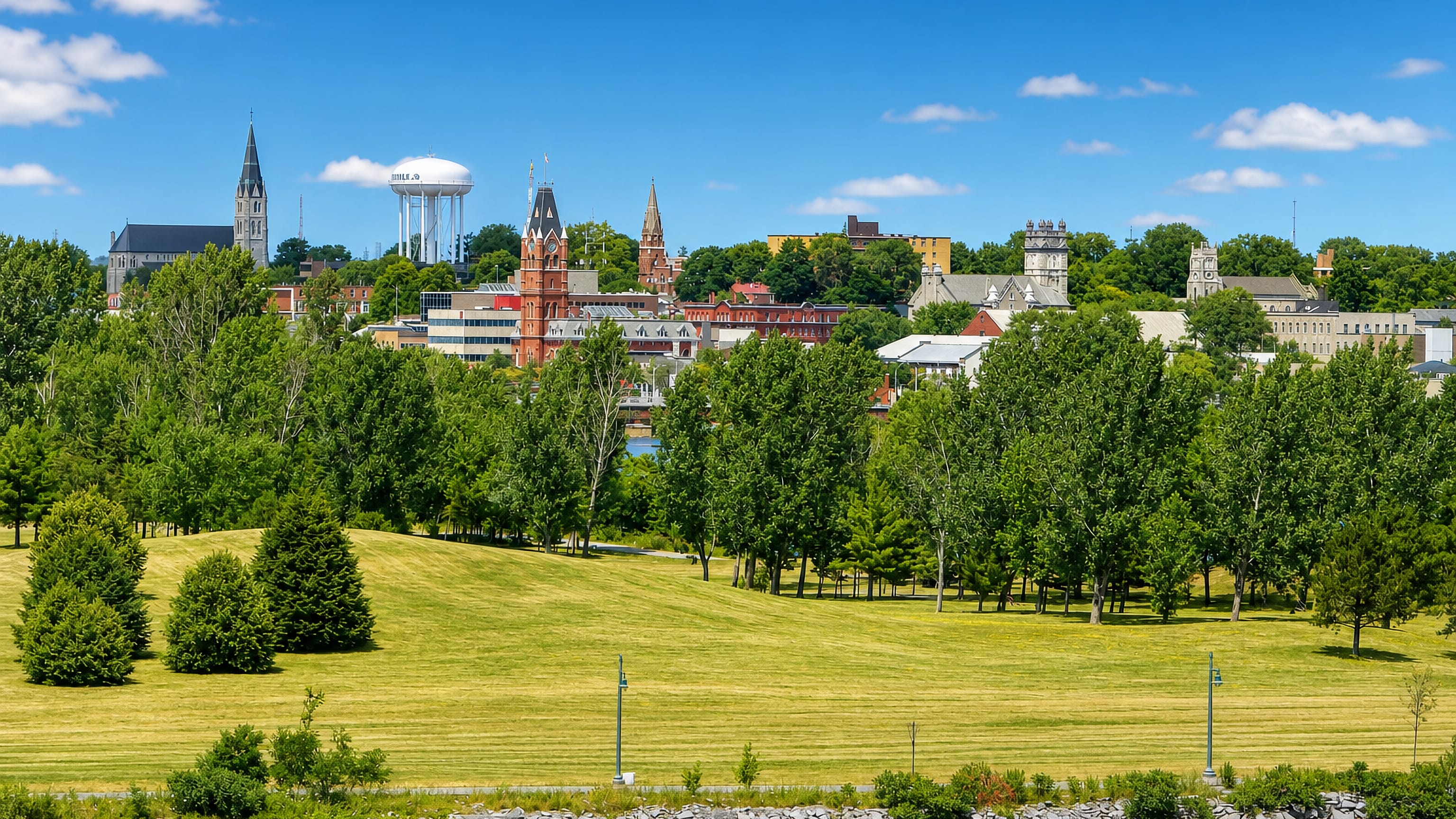 Belleville, Ontario's skyline of church spires, a brick clock tower and water tower above a riverside park.