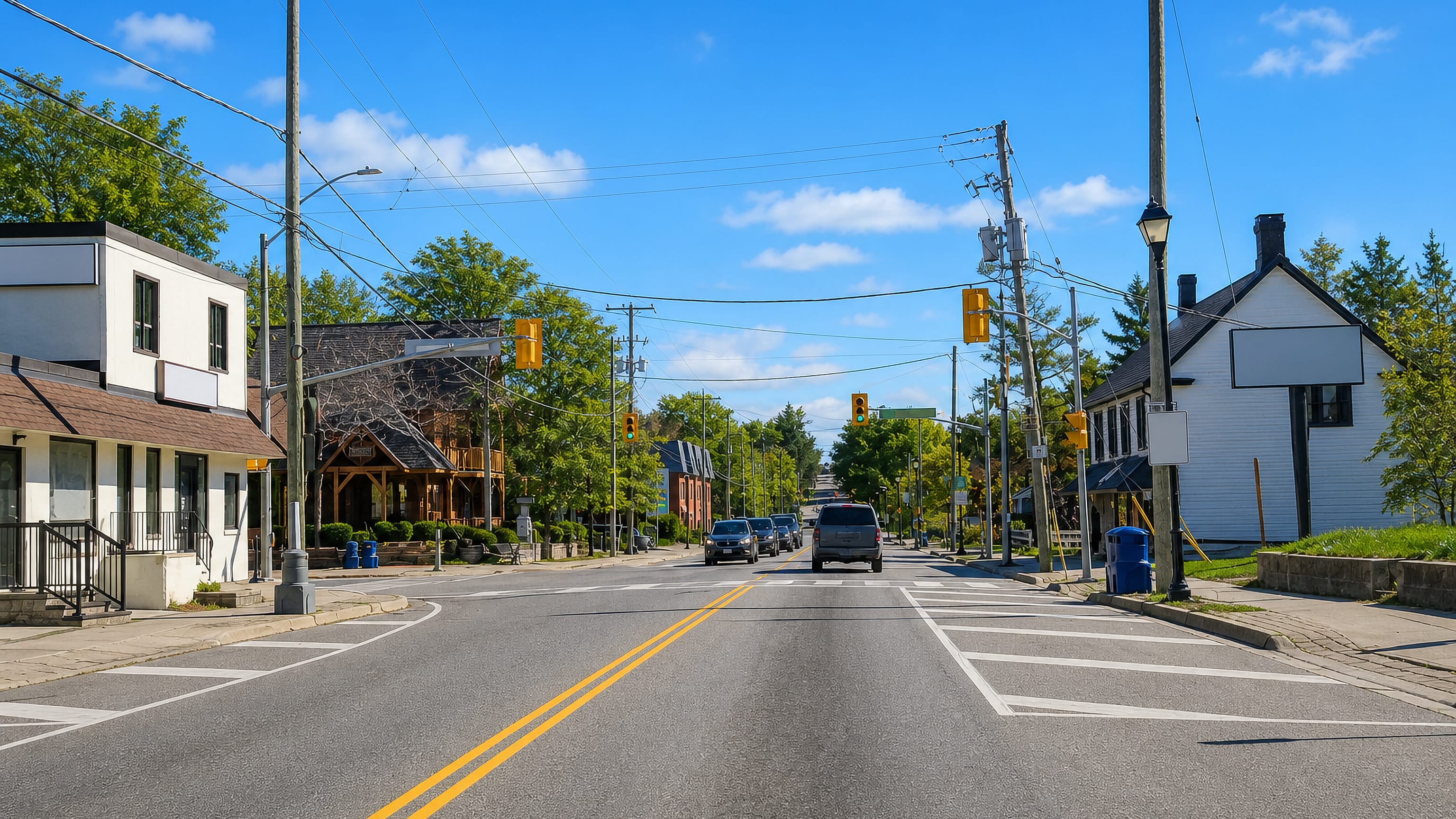 Main street through Caledon, Ontario, lined with white clapboard shopfronts under a clear blue sky