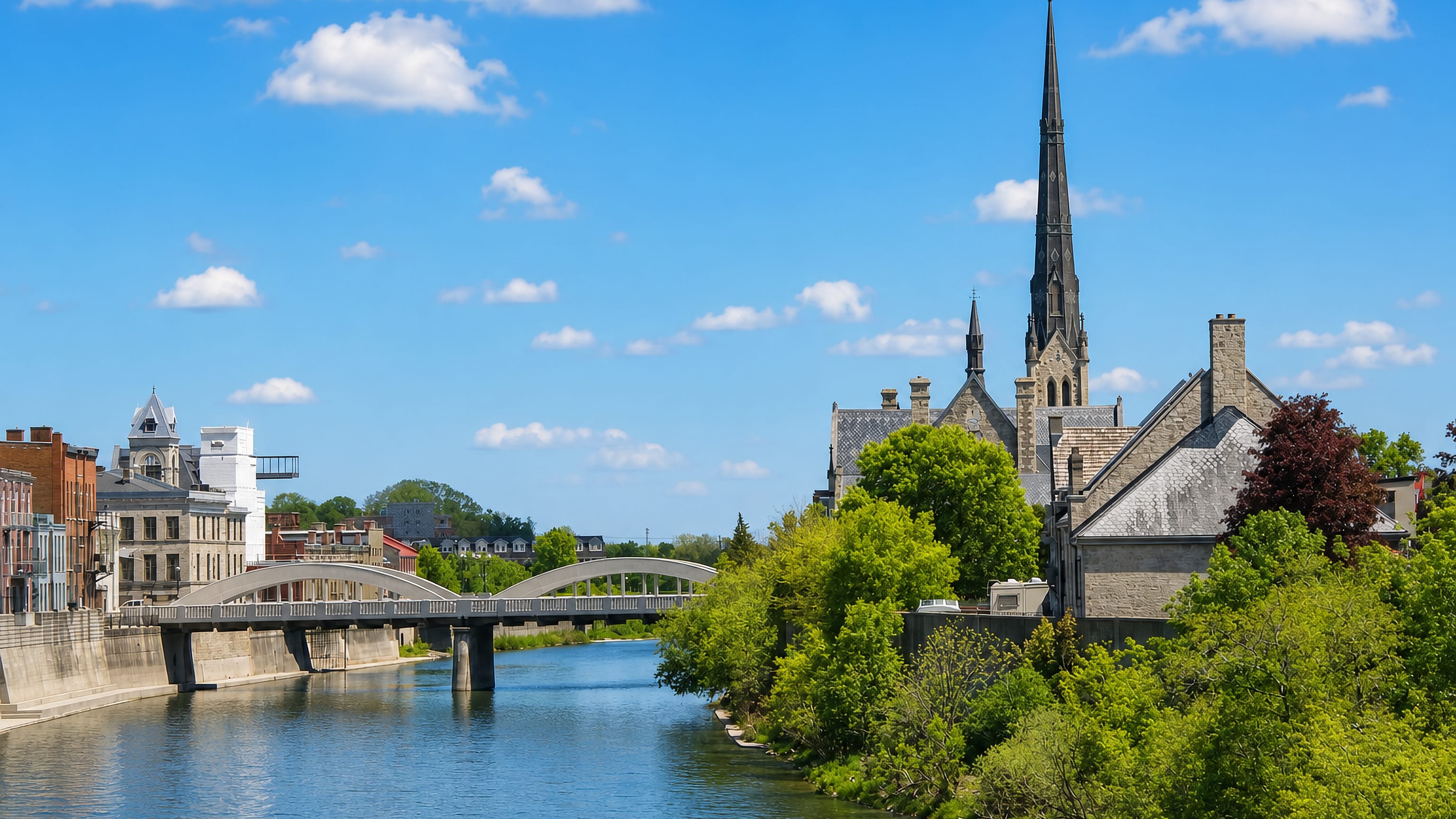 Grand River, arch bridge and the stone church spire of Galt in Cambridge, Ontario