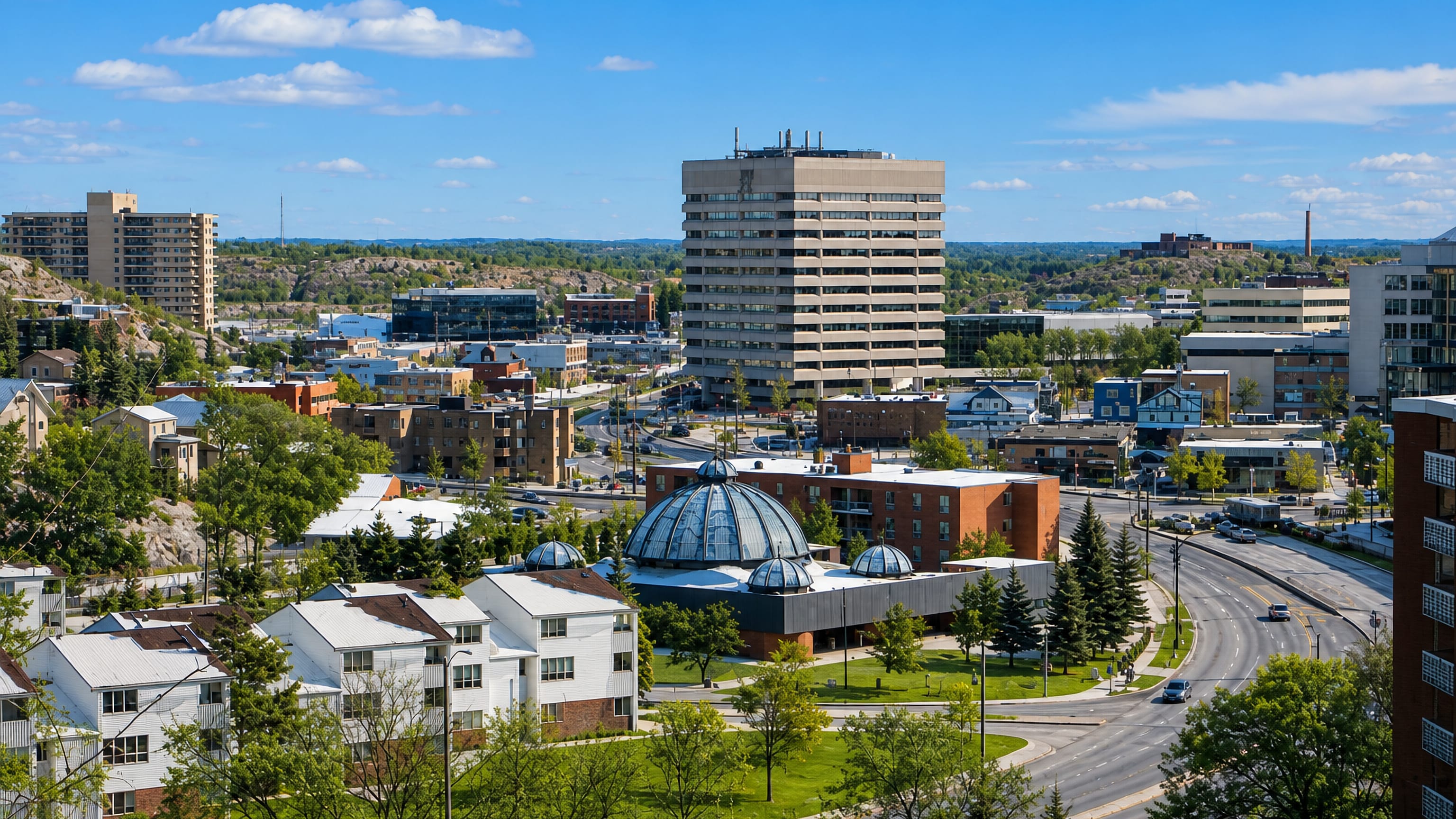 Downtown Greater Sudbury, Ontario, with its tall office tower, rocky outcrops and tree-lined streets