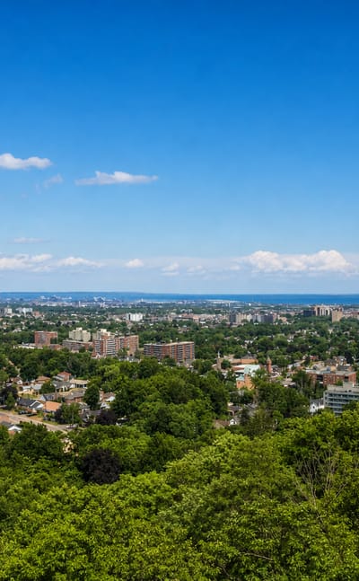 View from the Niagara Escarpment over Hamilton's tree-filled neighborhoods toward Lake Ontario.