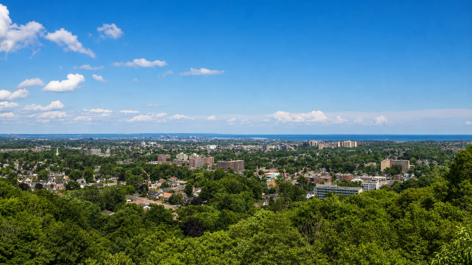 View from the Niagara Escarpment over Hamilton's tree-filled neighborhoods toward Lake Ontario.