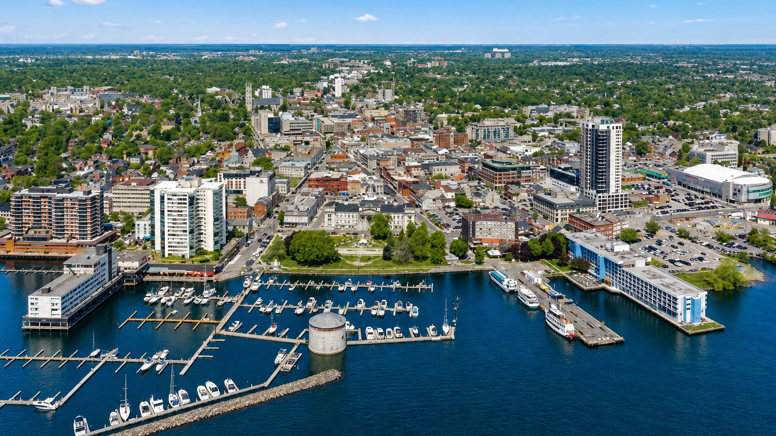 Aerial view of Kingston, Ontario, with Confederation Basin marina, the Shoal Tower and downtown on Lake Ontario.