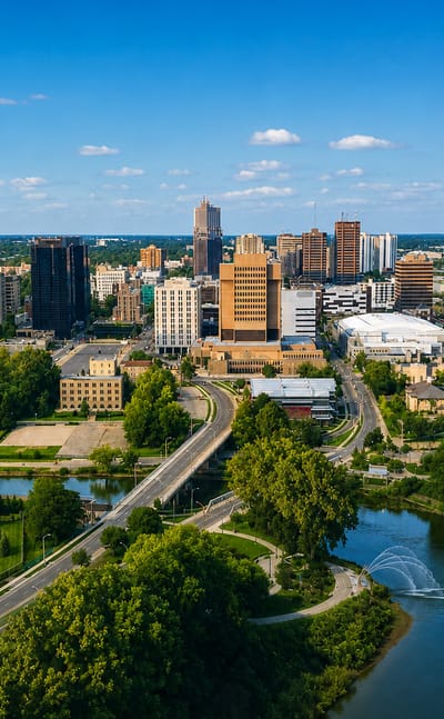 Aerial view of downtown London, Ontario, its towers rising above the tree-lined Thames River and a riverside fountain.