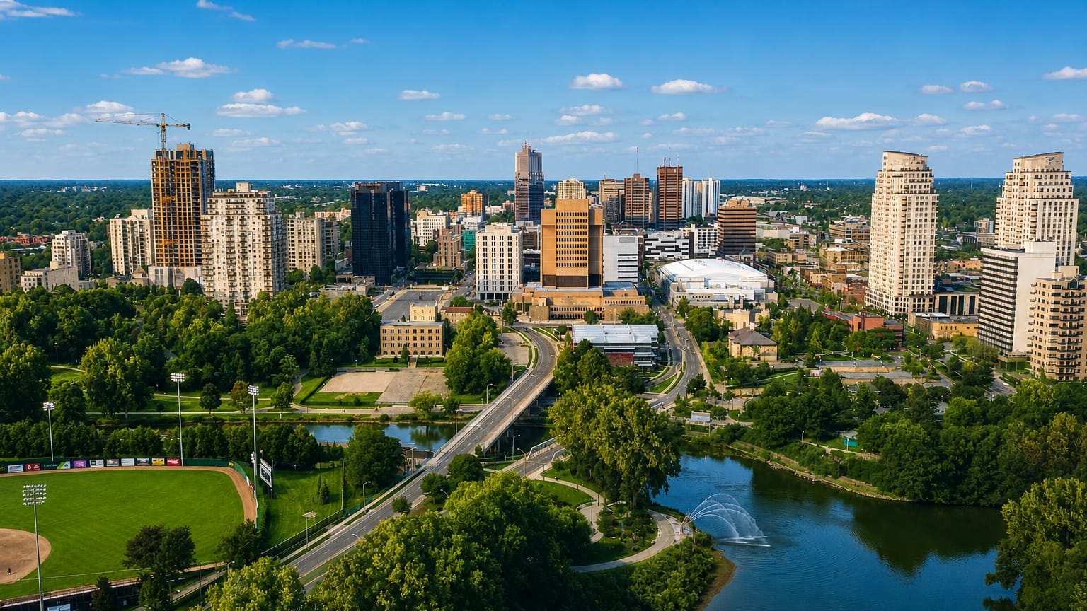 Aerial view of downtown London, Ontario, its towers rising above the tree-lined Thames River and a riverside fountain.