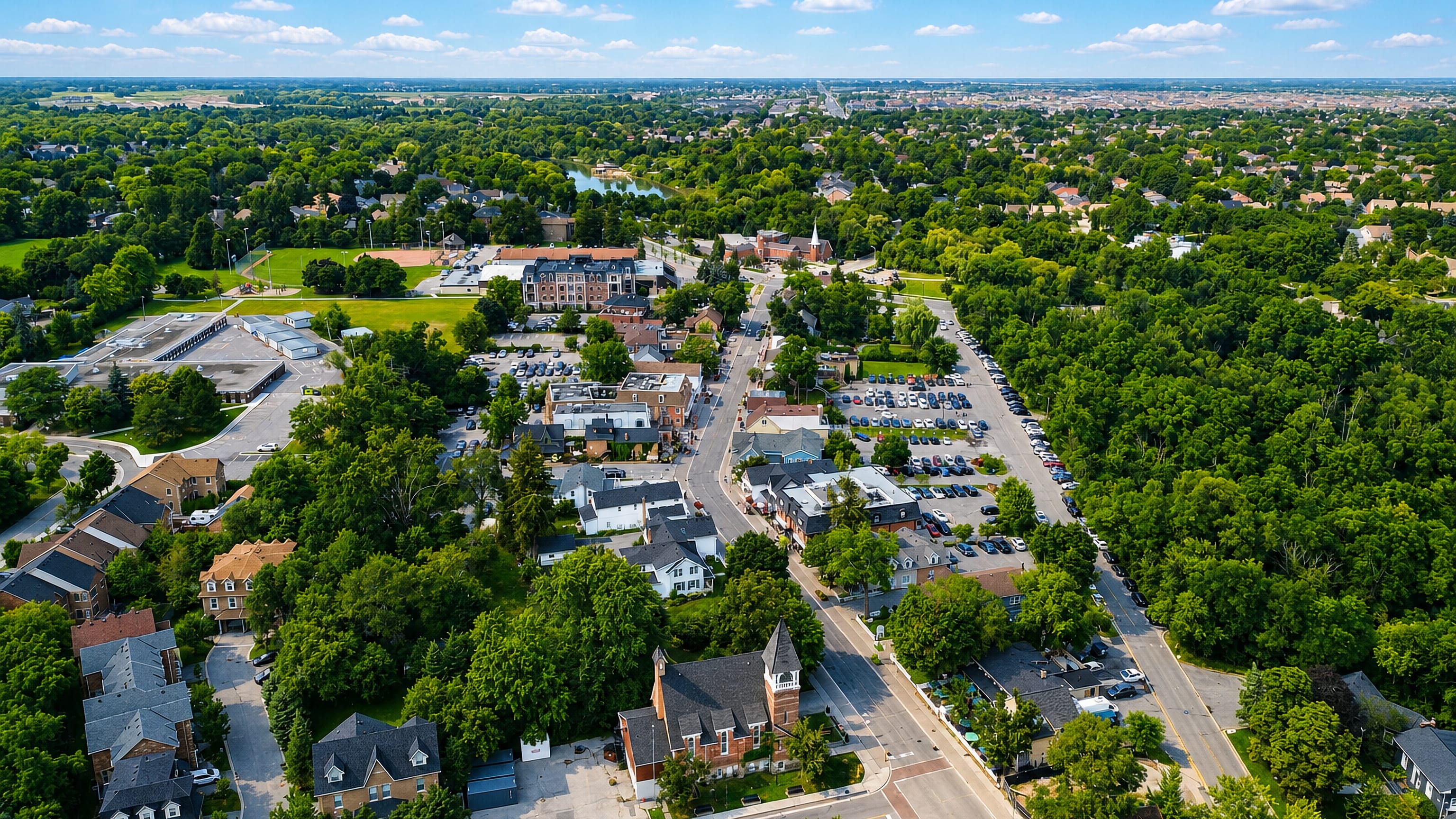 Aerial view of Markham's historic Main Street, heritage brick storefronts and a church spire amid leafy Ontario suburbs