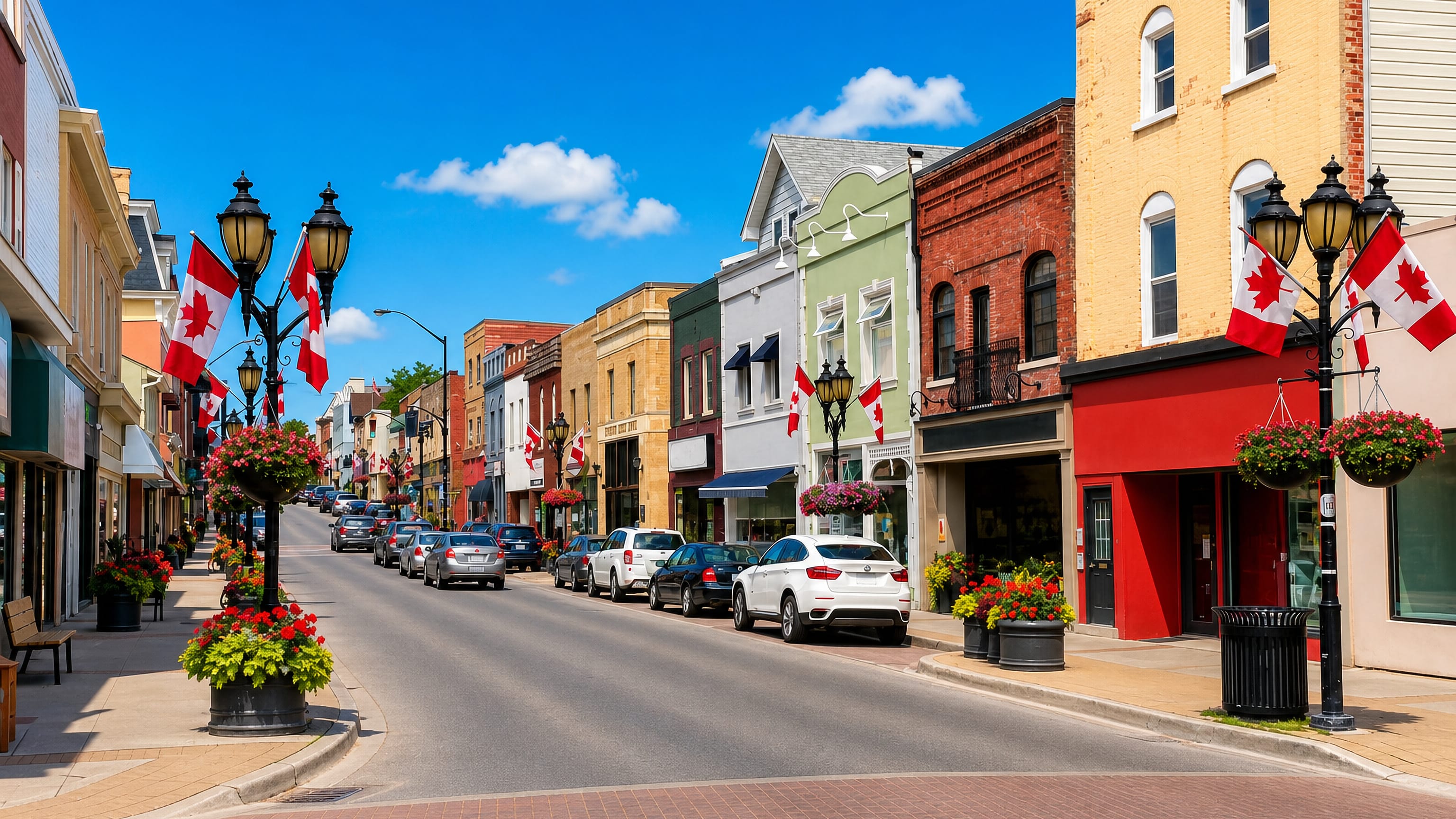 Newmarket, Ontario's Main Street, with heritage brick storefronts, hanging flower baskets and Canadian flags.