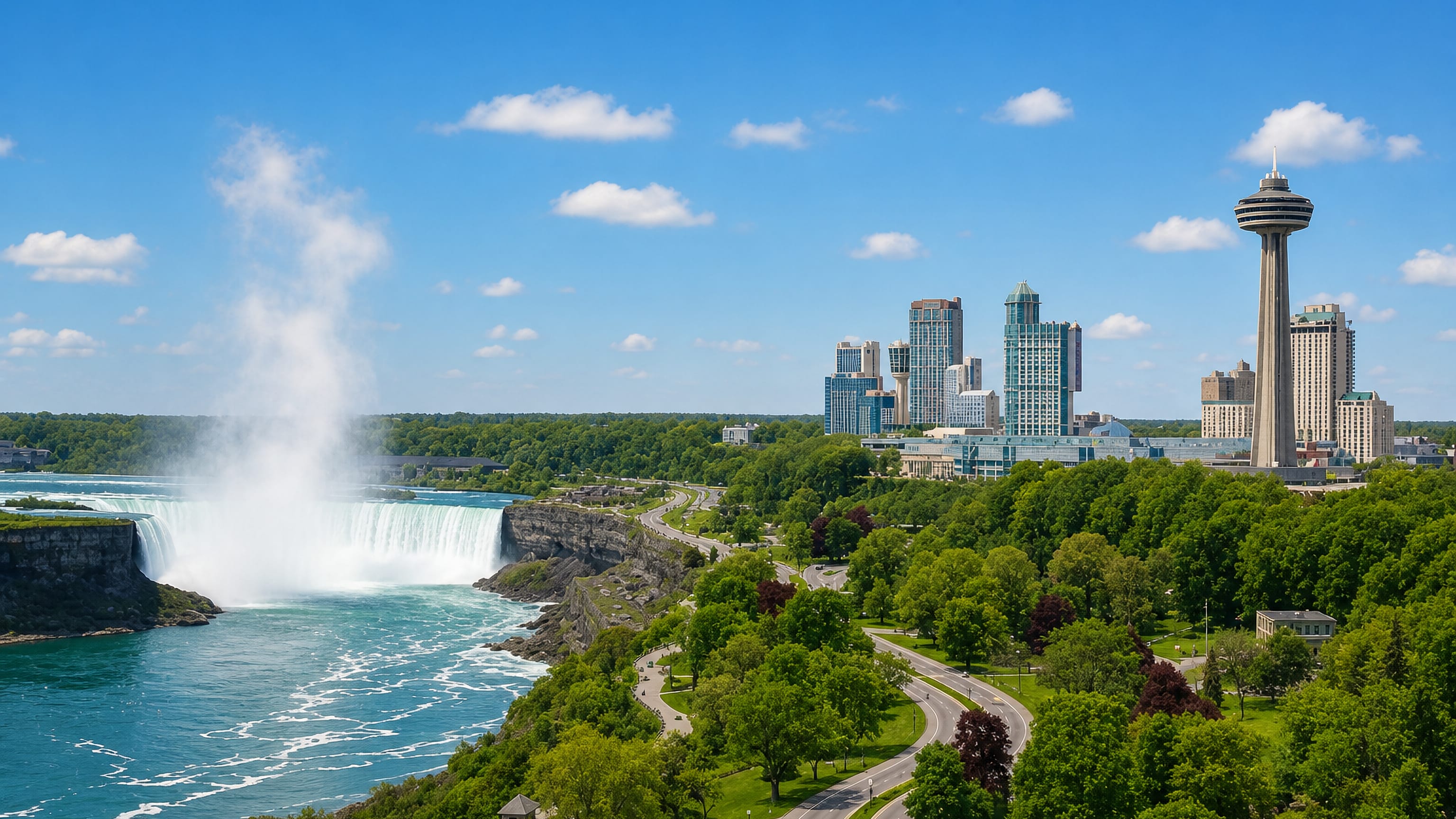 Horseshoe Falls and the Skylon Tower above the Fallsview hotel strip and Niagara Parkway in Niagara Falls, Ontario