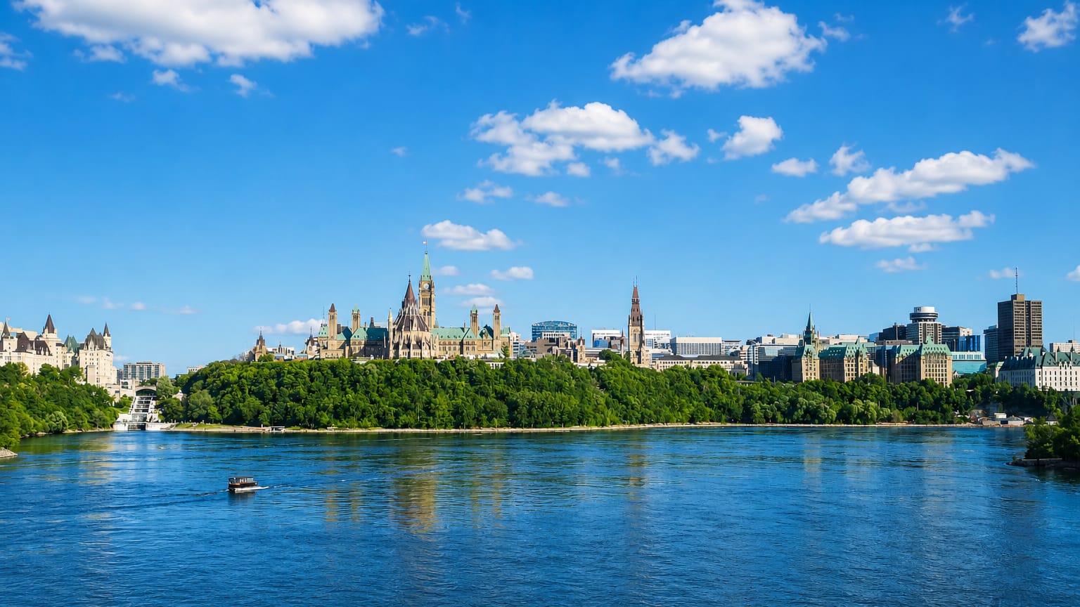 Ottawa's Parliament Hill with the Peace Tower and Château Laurier seen across the Ottawa River on a sunny day.