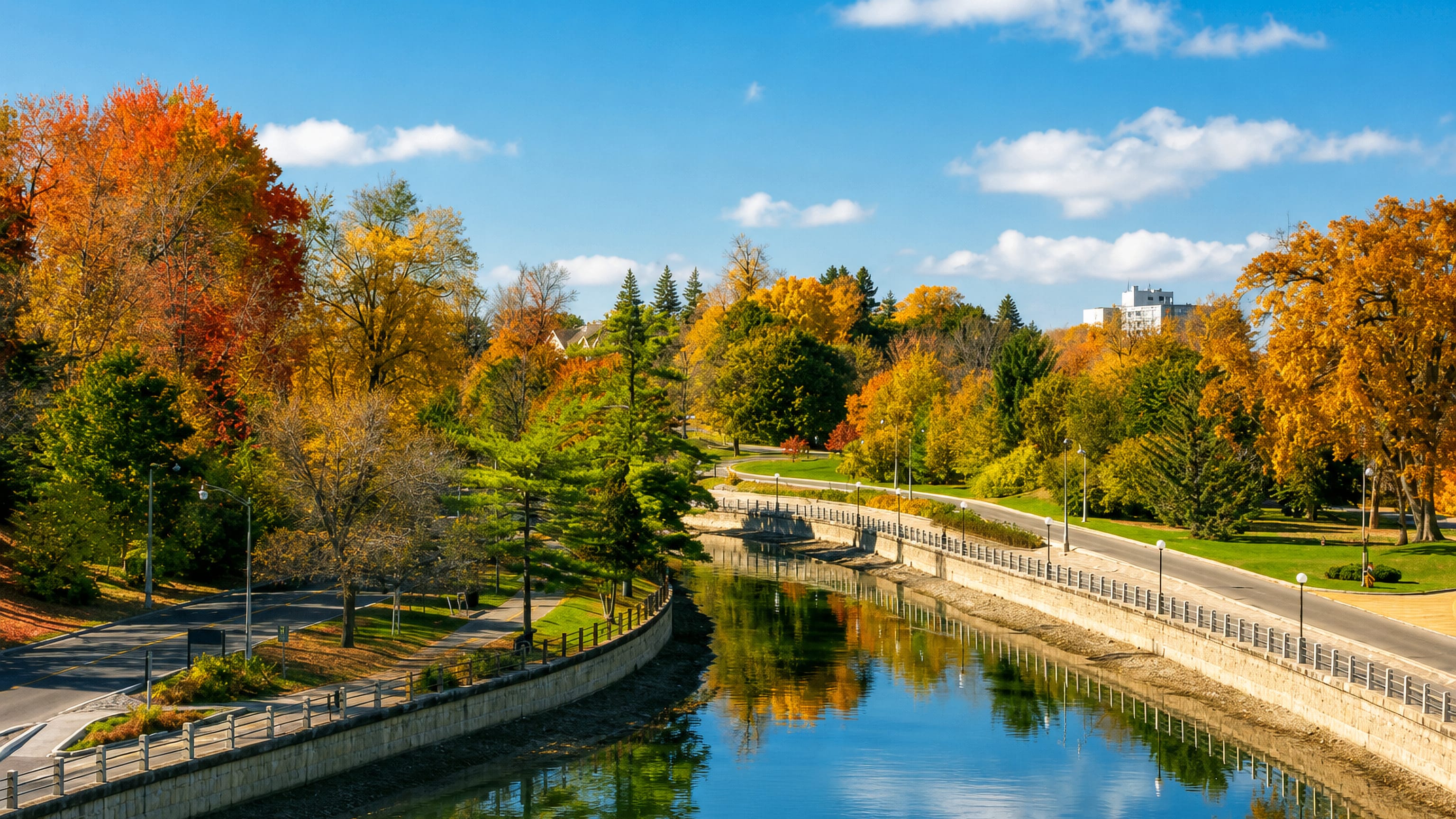 The Rideau Canal edging The Glebe in Ottawa, lined with autumn maples and canal-side pathways.