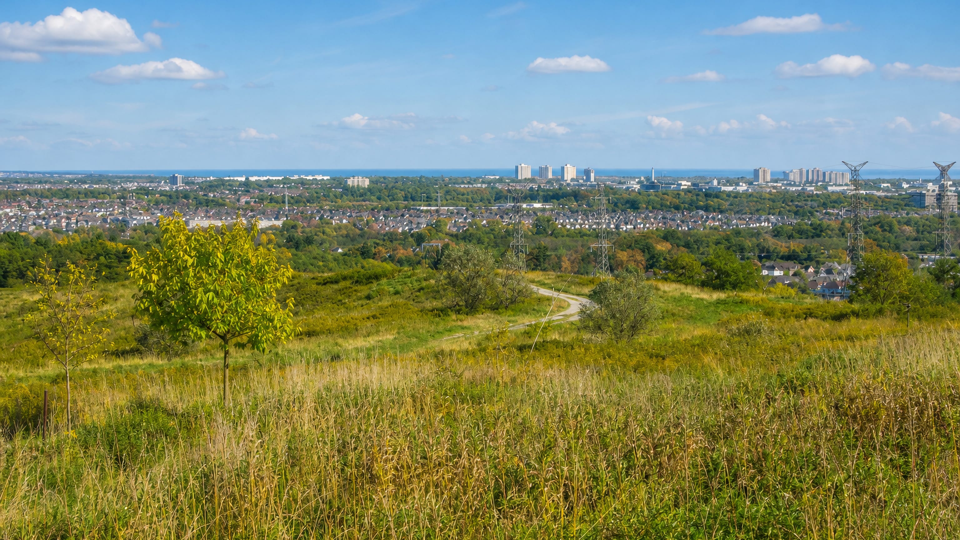 Meadow trail overlooking Pickering, Ontario, with distant towers, hydro pylons and Lake Ontario beyond.