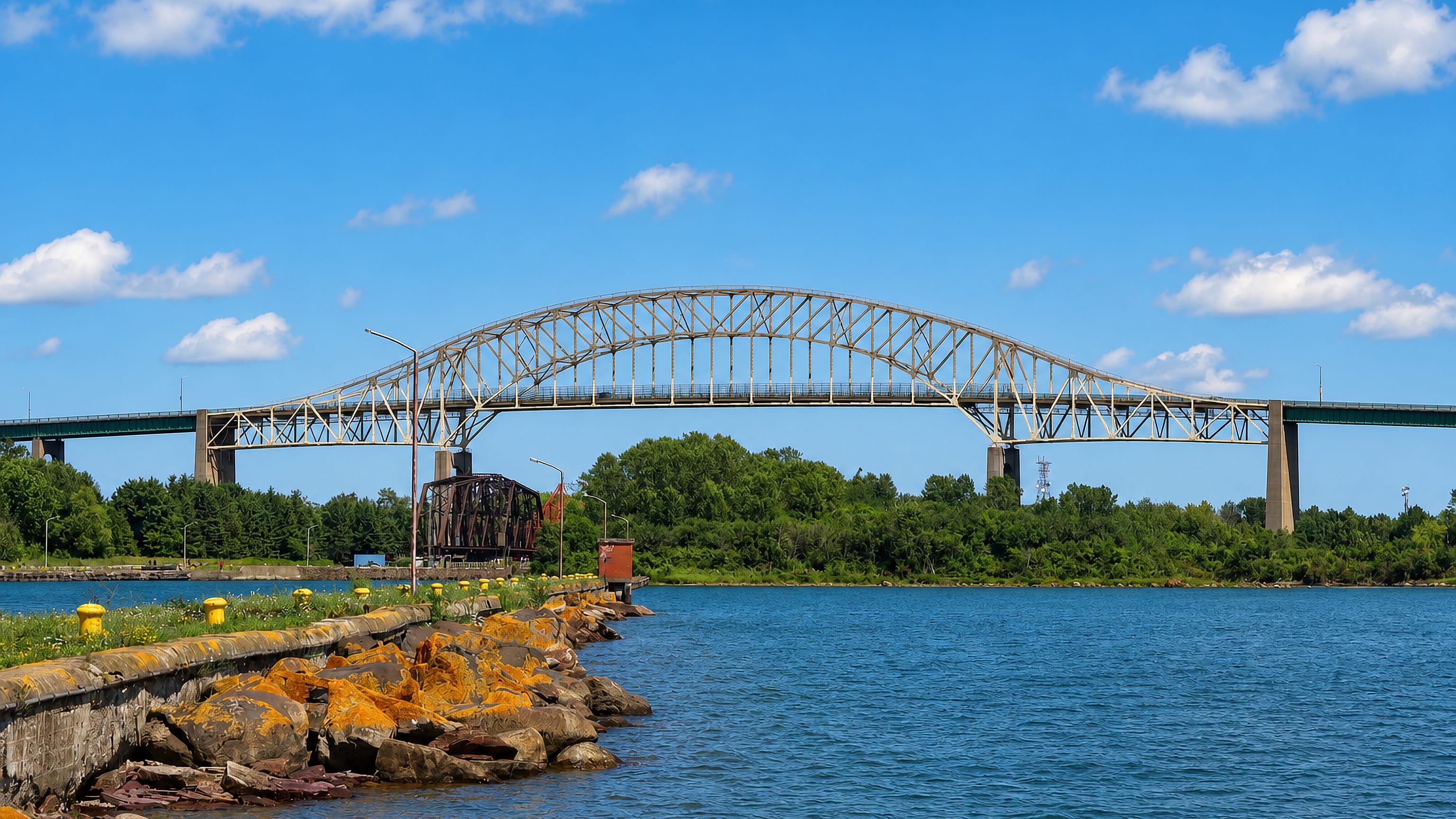 The steel arch International Bridge spanning the St. Marys River at Sault Ste. Marie, Ontario.