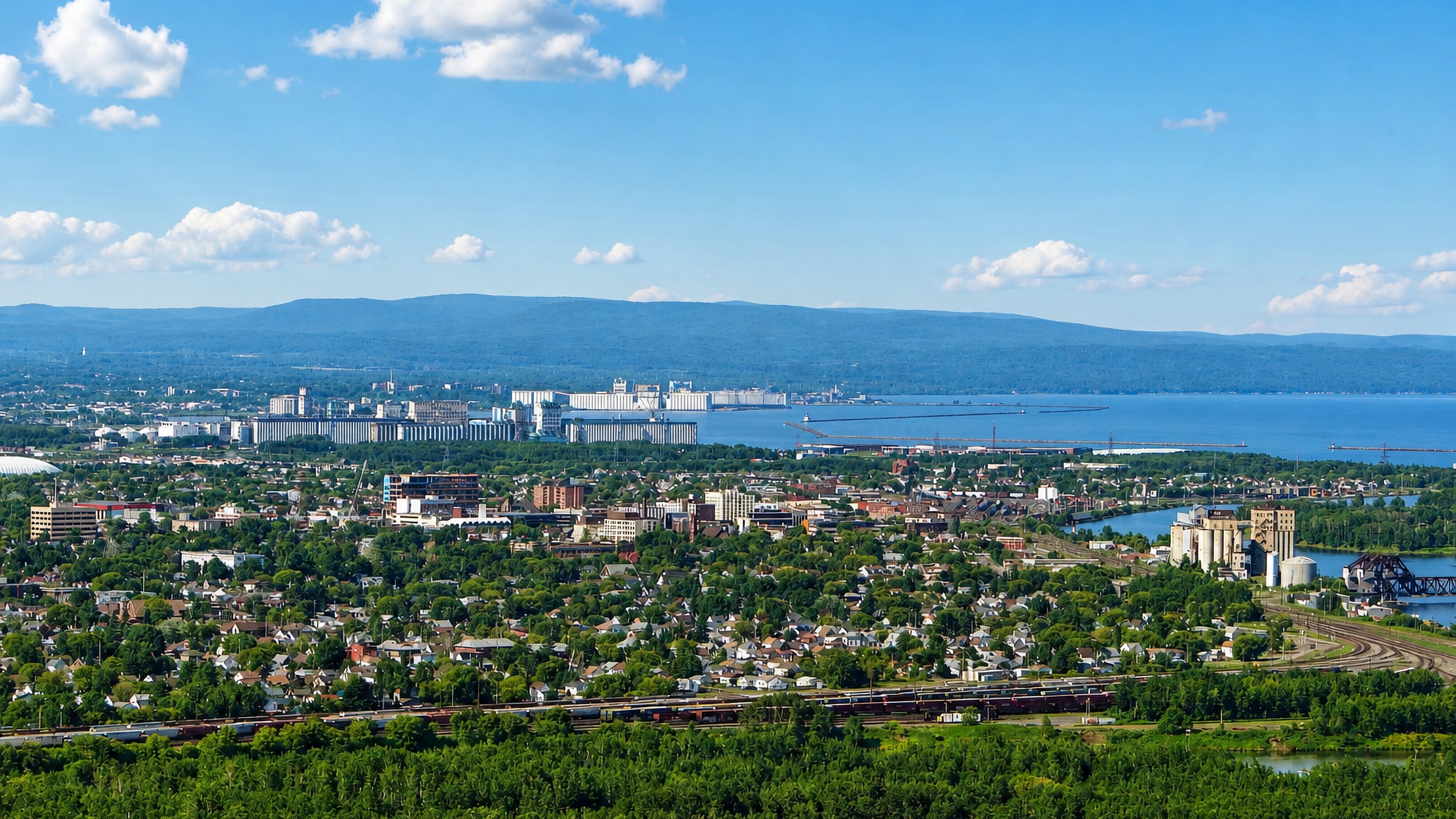 Thunder Bay's Lake Superior harbour lined with grain elevators, backed by rail yards and forested ridges.