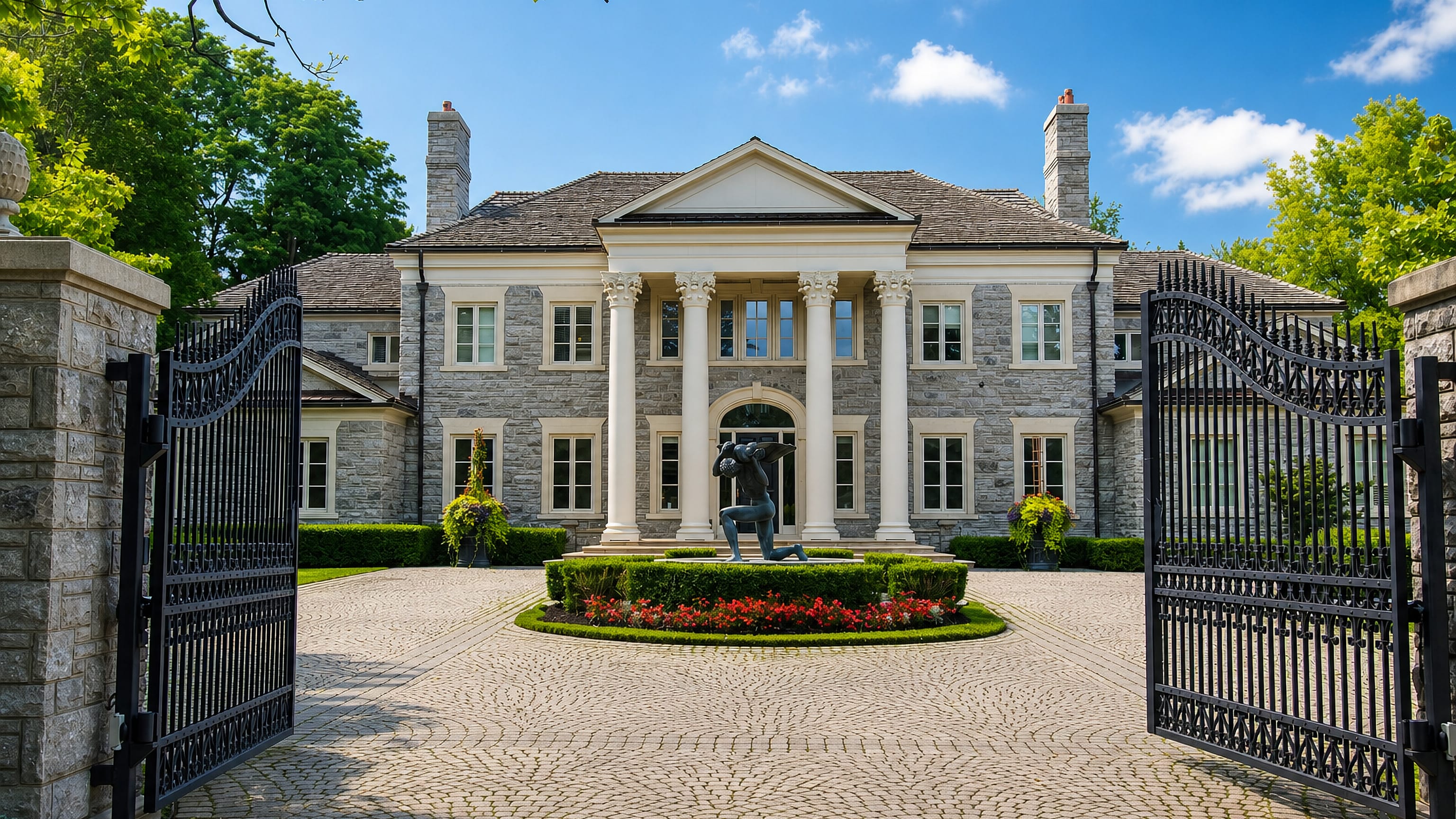 Gated stone mansion with a circular cobbled drive in Toronto's Bridle Path neighbourhood