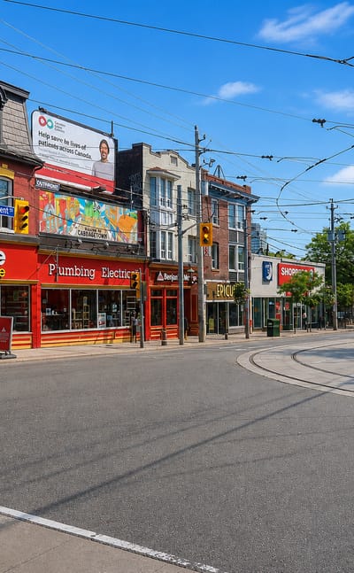 Red-brick storefronts along a streetcar-track avenue in Toronto's Cabbagetown neighbourhood