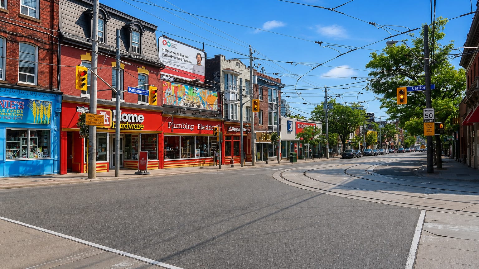 Red-brick storefronts along a streetcar-track avenue in Toronto's Cabbagetown neighbourhood