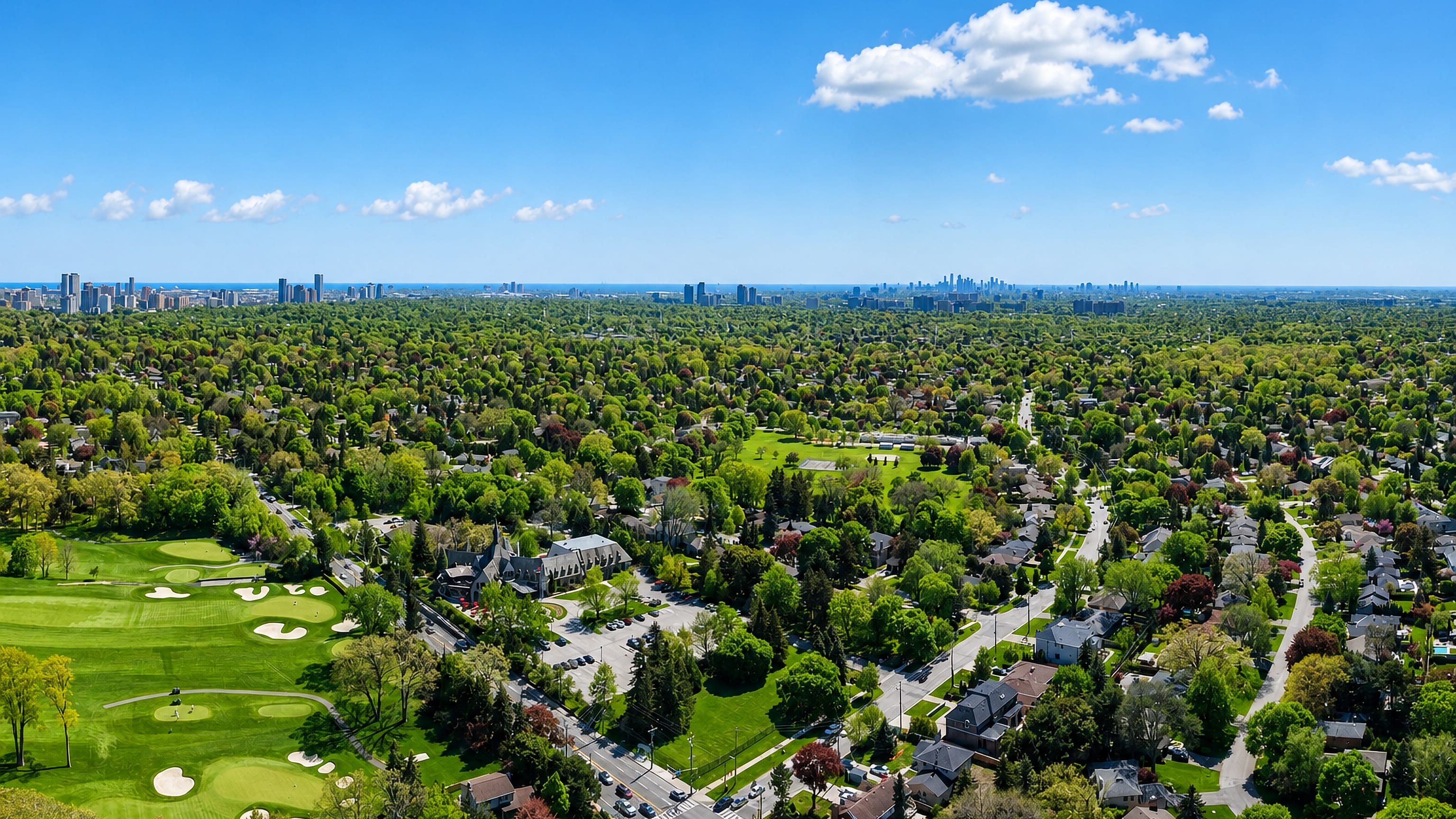Leafy Etobicoke streets and a golf course from the air, with the Toronto skyline and Lake Ontario on the horizon.