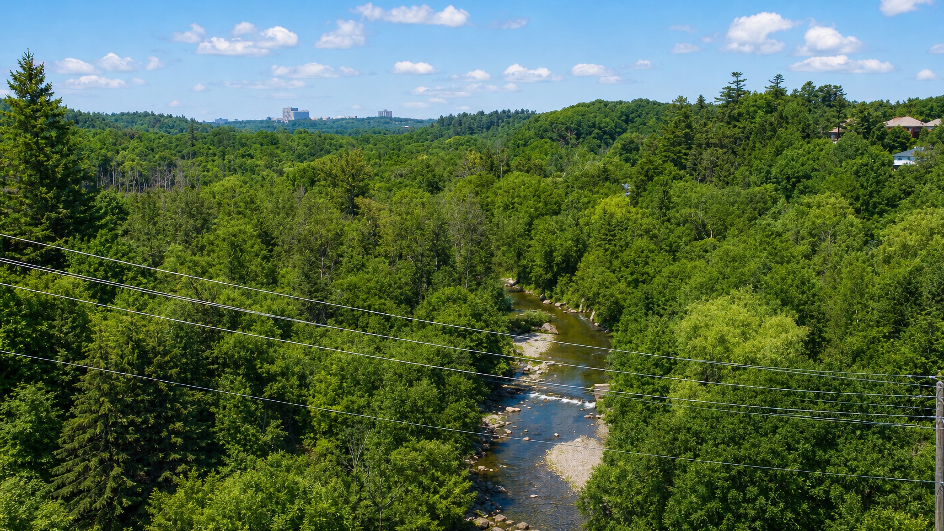 Wooded ravine and shallow creek with distant Scarborough towers on the horizon at Highland Creek, Toronto.