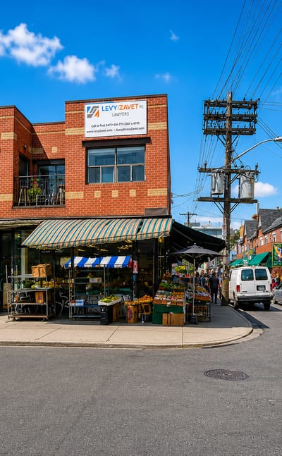 Colorful shop-lined market street with produce stalls and pedestrians in Toronto's Kensington Market.