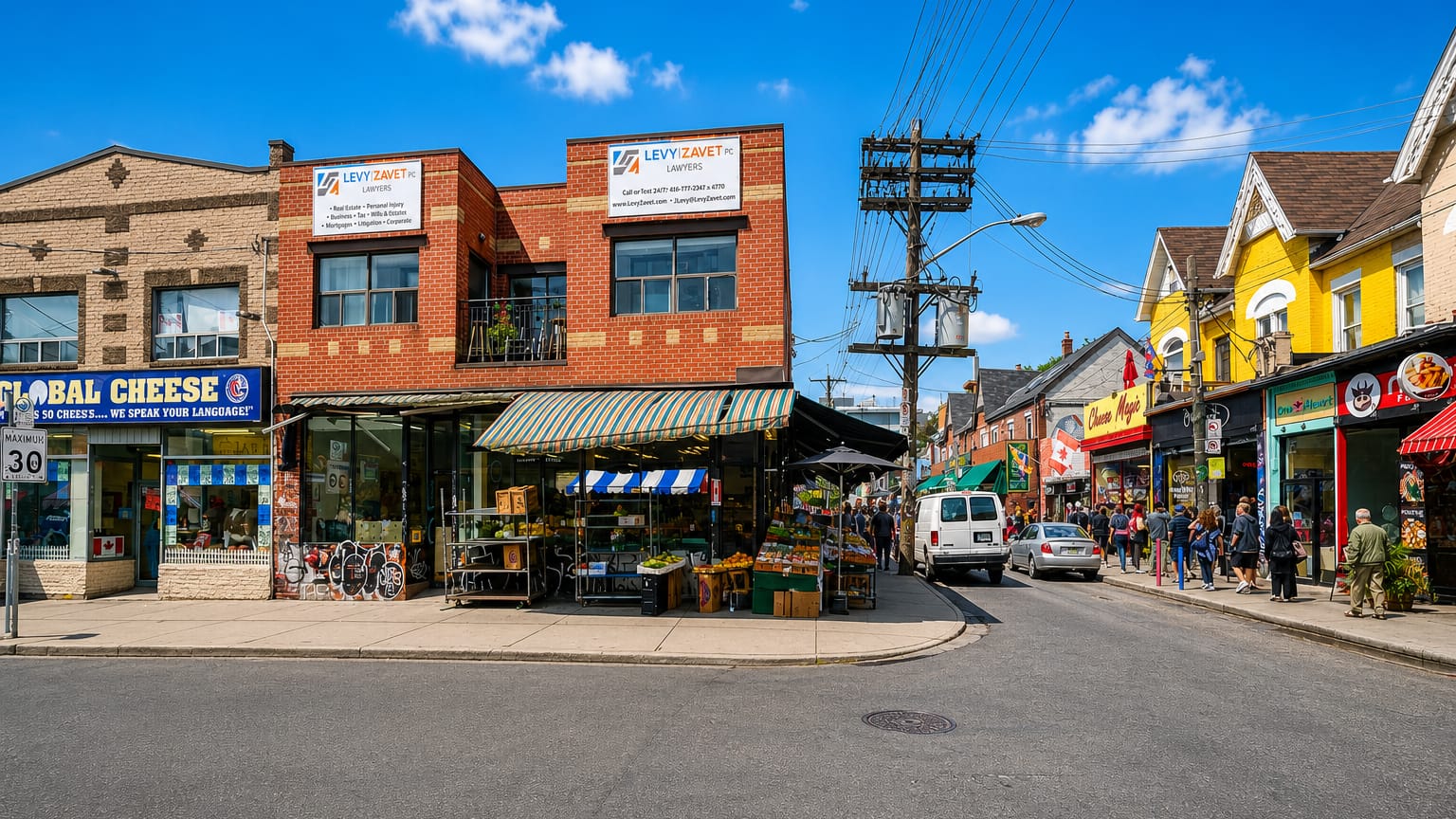 Colorful shop-lined market street with produce stalls and pedestrians in Toronto's Kensington Market.