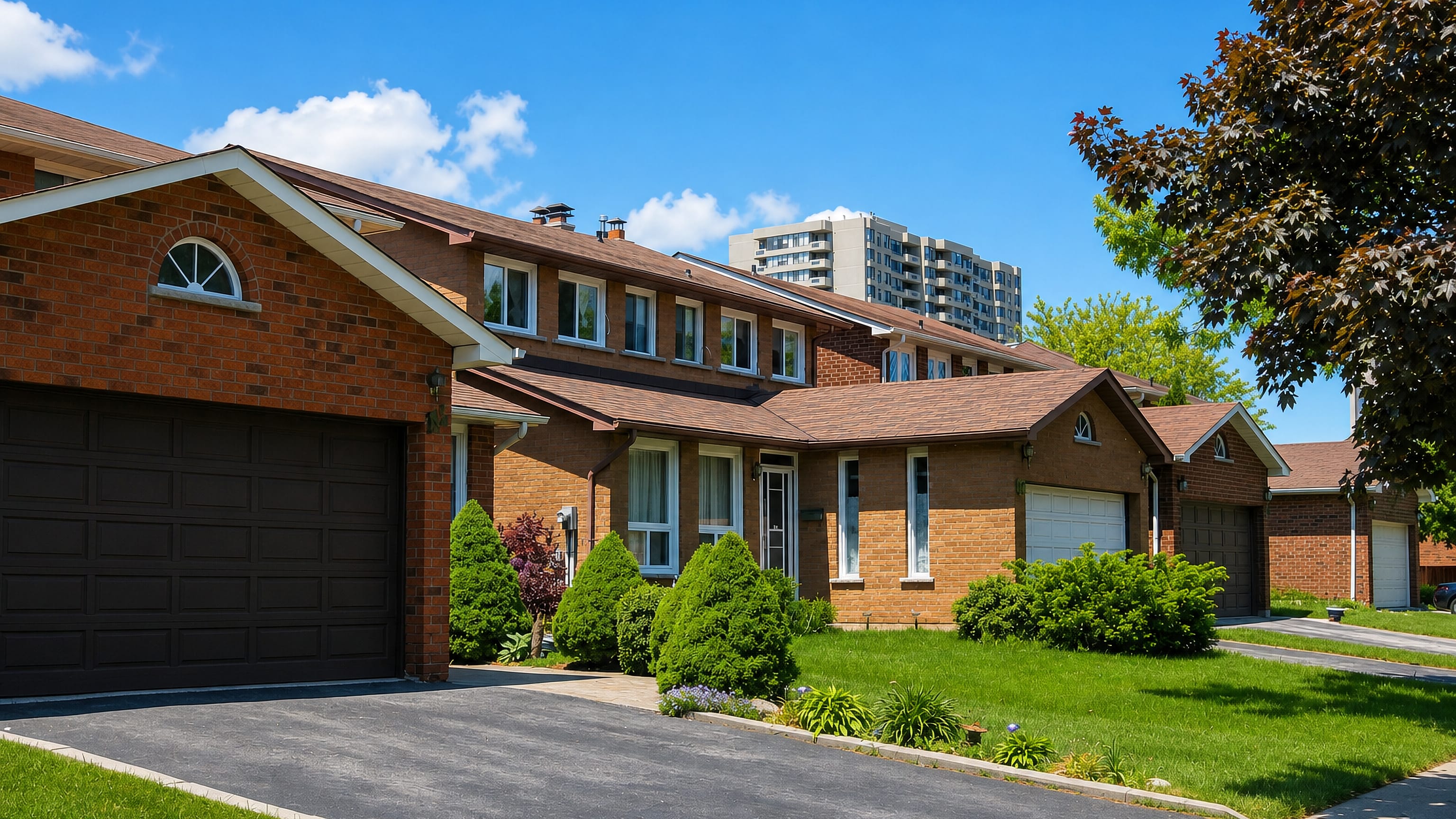 Brick houses with garages and maple trees on a quiet street in L'Amoreaux, Toronto, apartment towers behind.