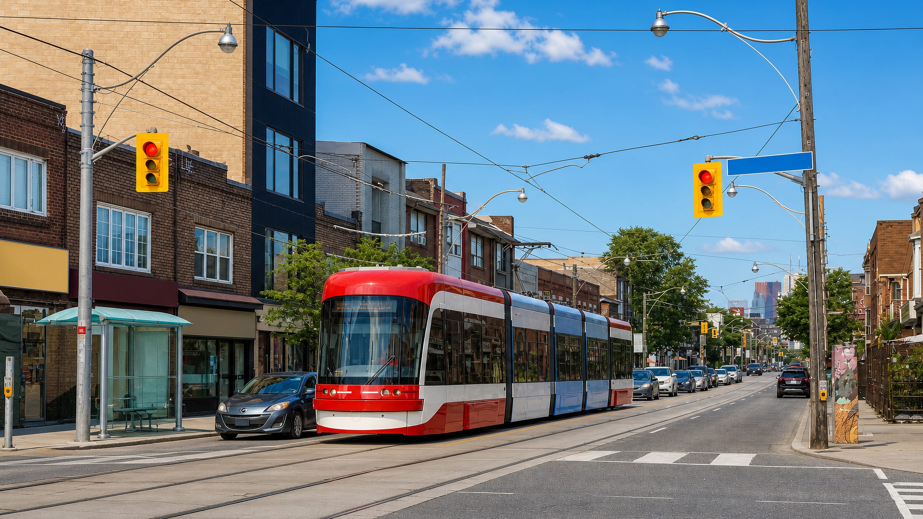 A red streetcar on a brick-lined main street in Little Portugal, Toronto, under a bright summer sky.