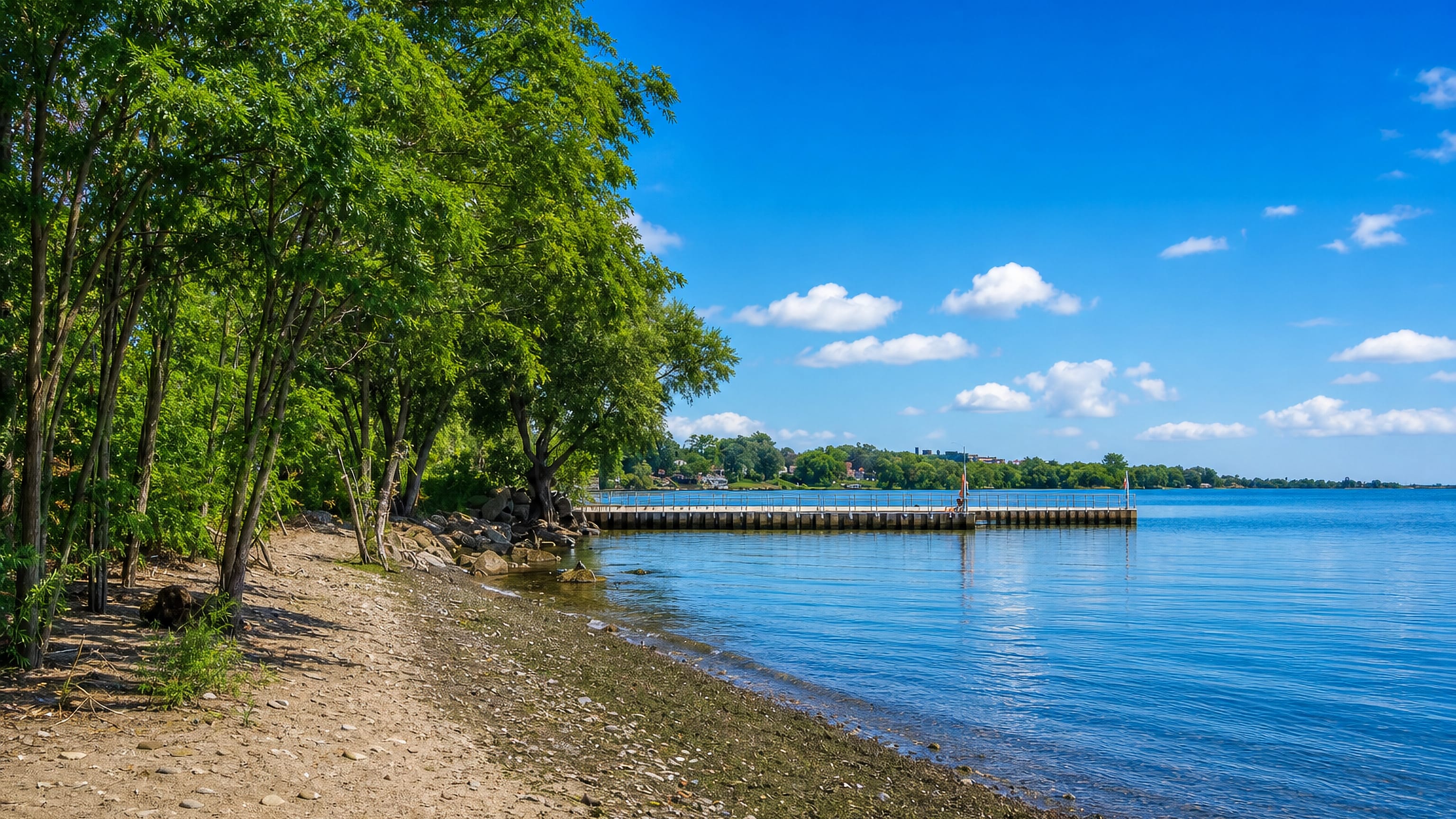 Lake Ontario shoreline at Long Branch, Toronto, with a pebble beach, shade trees and a long pier.