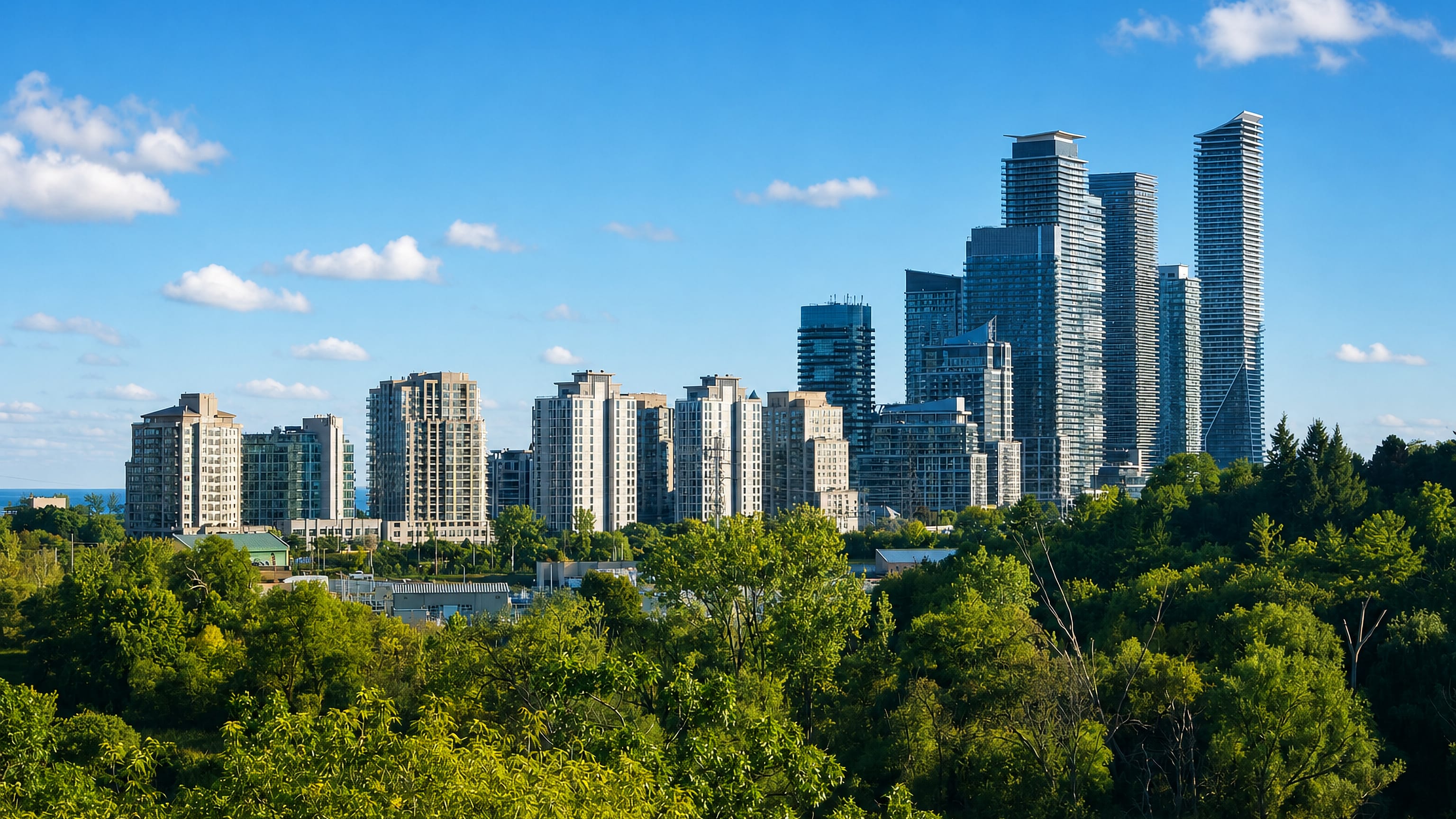 Condo towers of Mimico's Humber Bay waterfront in Toronto rising above wooded parkland by Lake Ontario