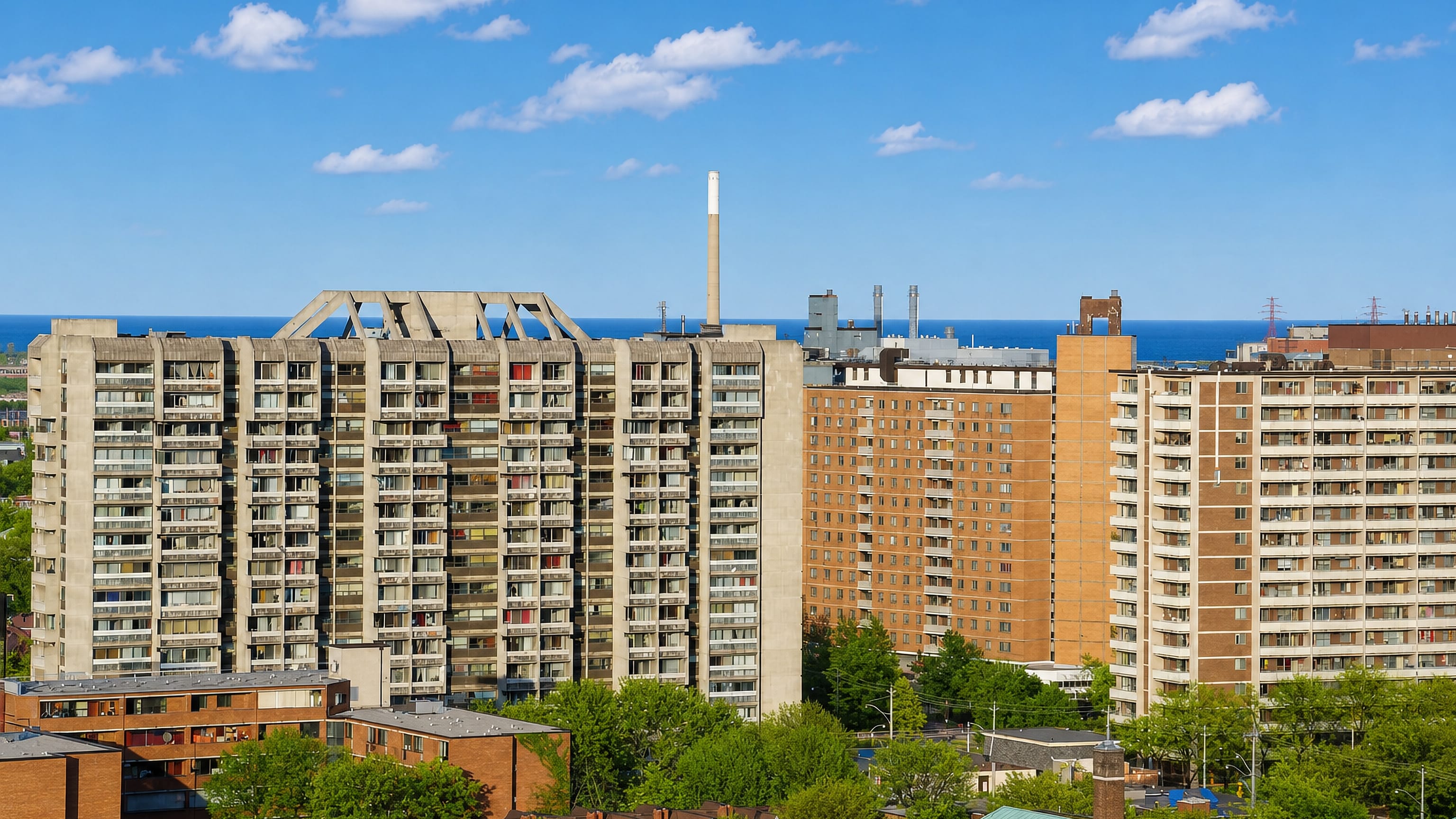 Moss Park's concrete and brick apartment towers in Toronto, with Lake Ontario on the horizon.