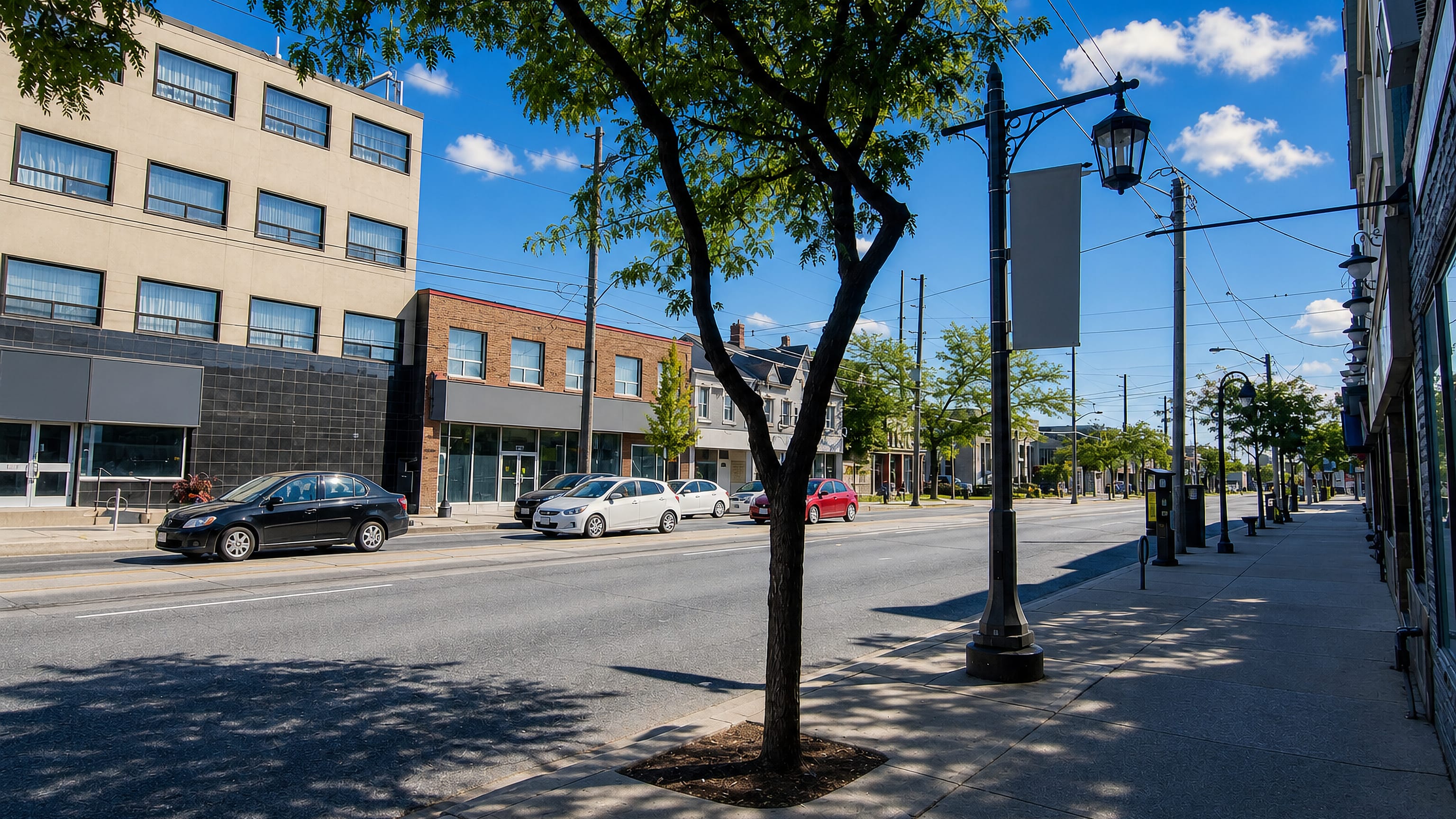 Low-rise shopfronts and street trees along a wide avenue in New Toronto, Toronto.