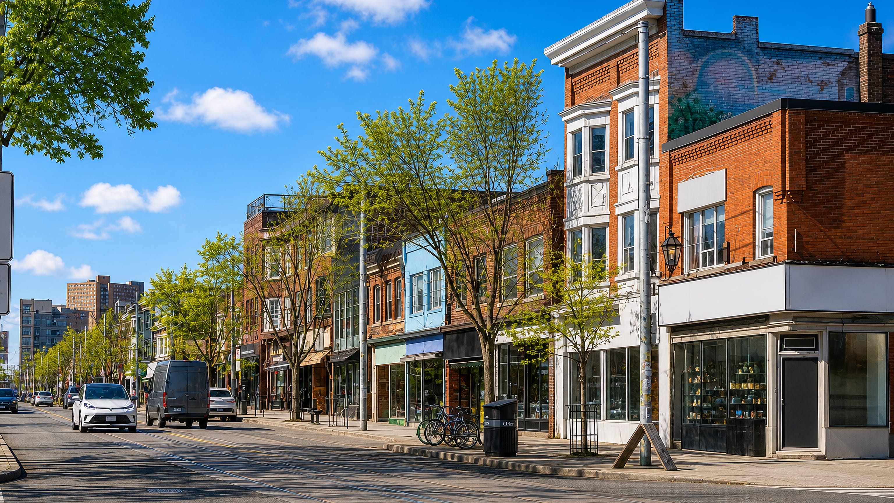 Streetcar tracks running past brick Victorian storefronts on Roncesvalles Avenue in Toronto.