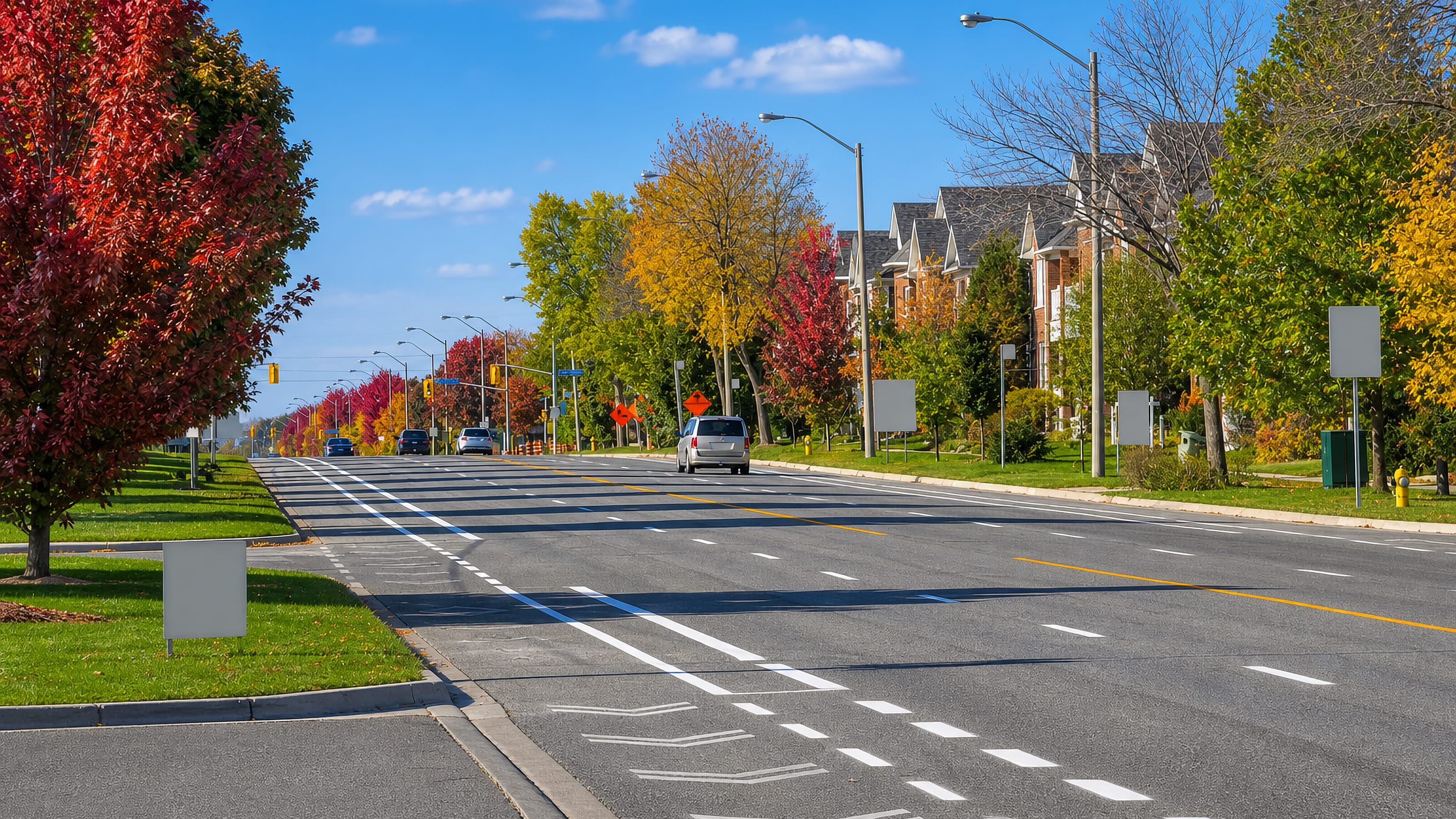 A wide suburban arterial lined with autumn maples and brick homes in Rouge, eastern Toronto.