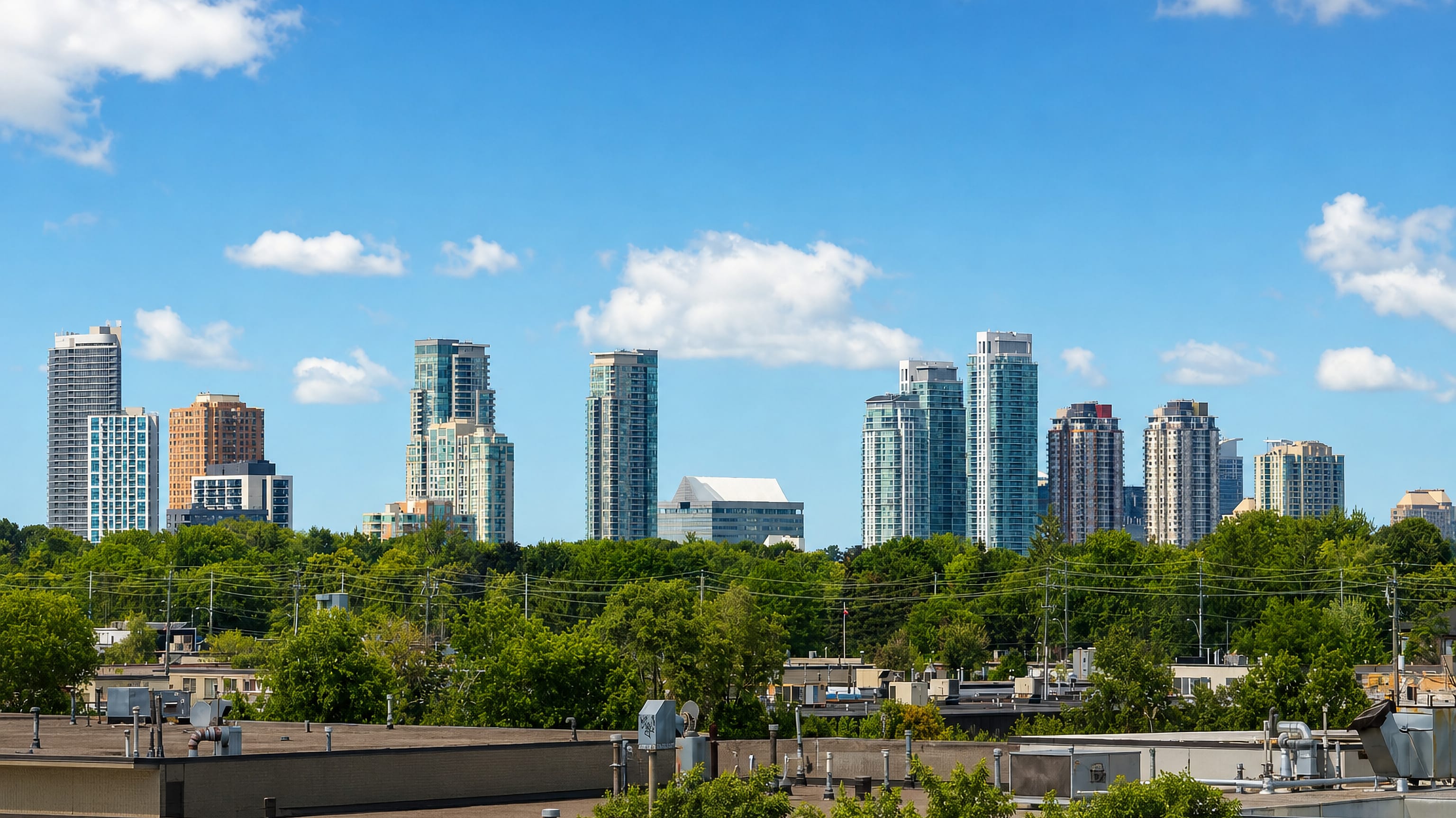 Condominium towers rising above tree-lined low-rise rooftops in Scarborough, Toronto, under a clear summer sky.