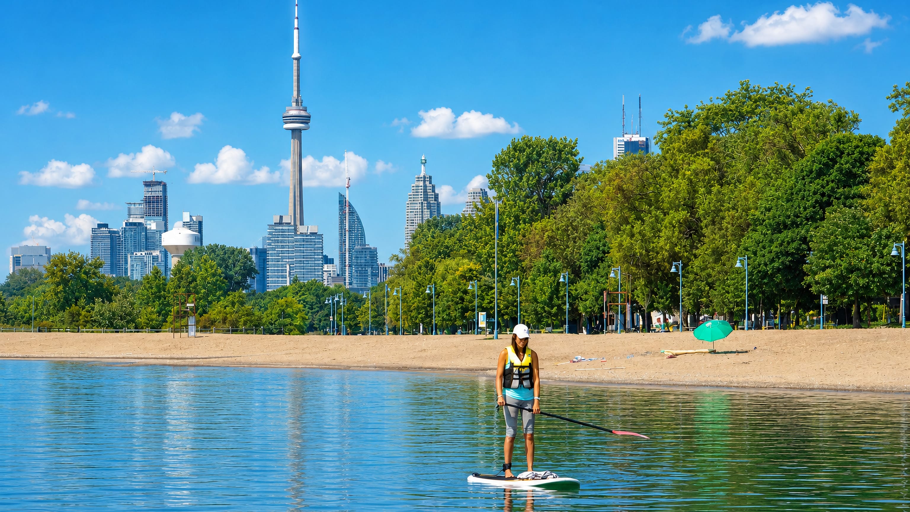 A paddleboarder off the sandy shore of The Beaches in Toronto, with the CN Tower and downtown skyline behind