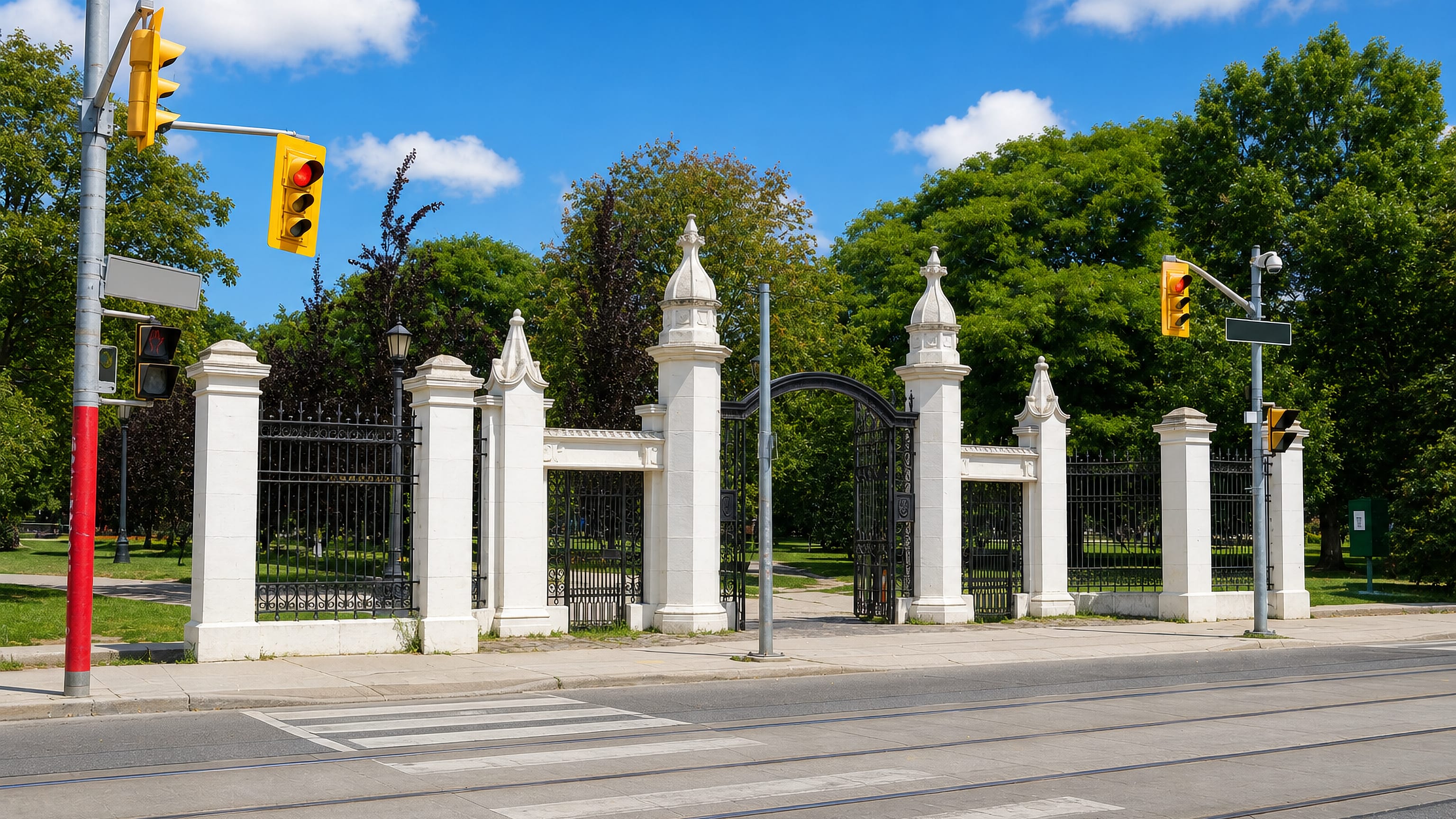 The white stone gates of Trinity Bellwoods Park on Queen Street West in Toronto, with streetcar tracks