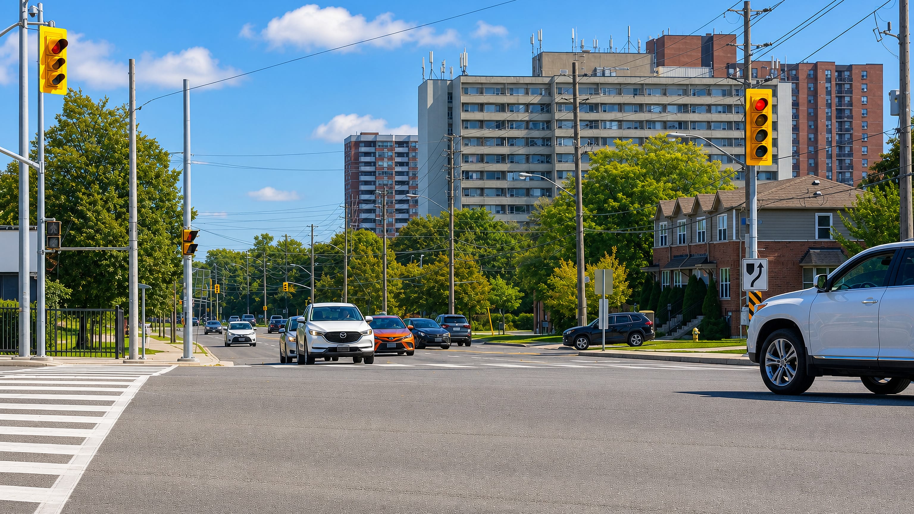 Apartment towers and townhouses at a wide arterial intersection in West Hill, Toronto.