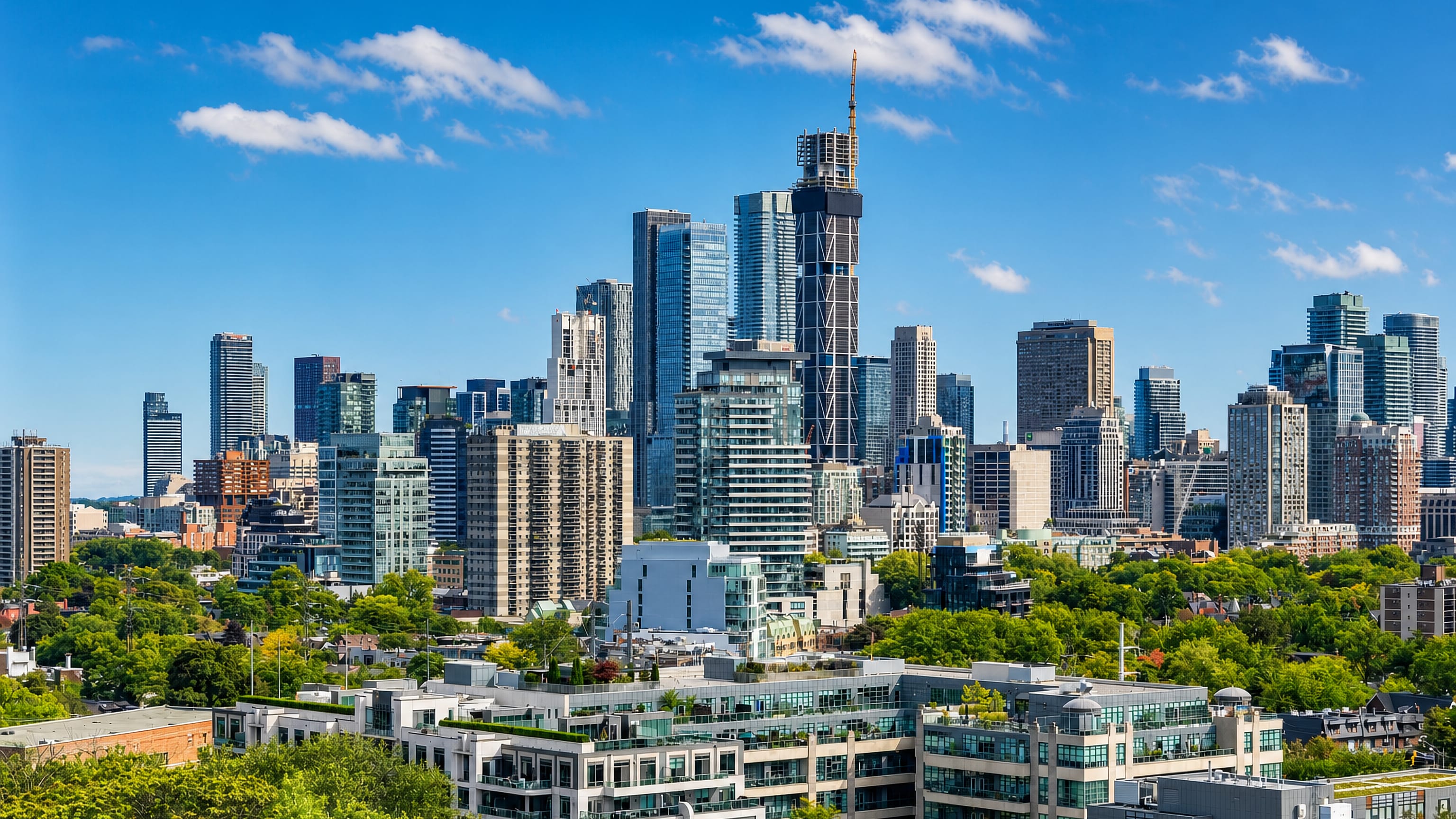 Yorkville, Toronto: condo towers and a dark exoskeleton supertall rising above leafy low-rise streets.