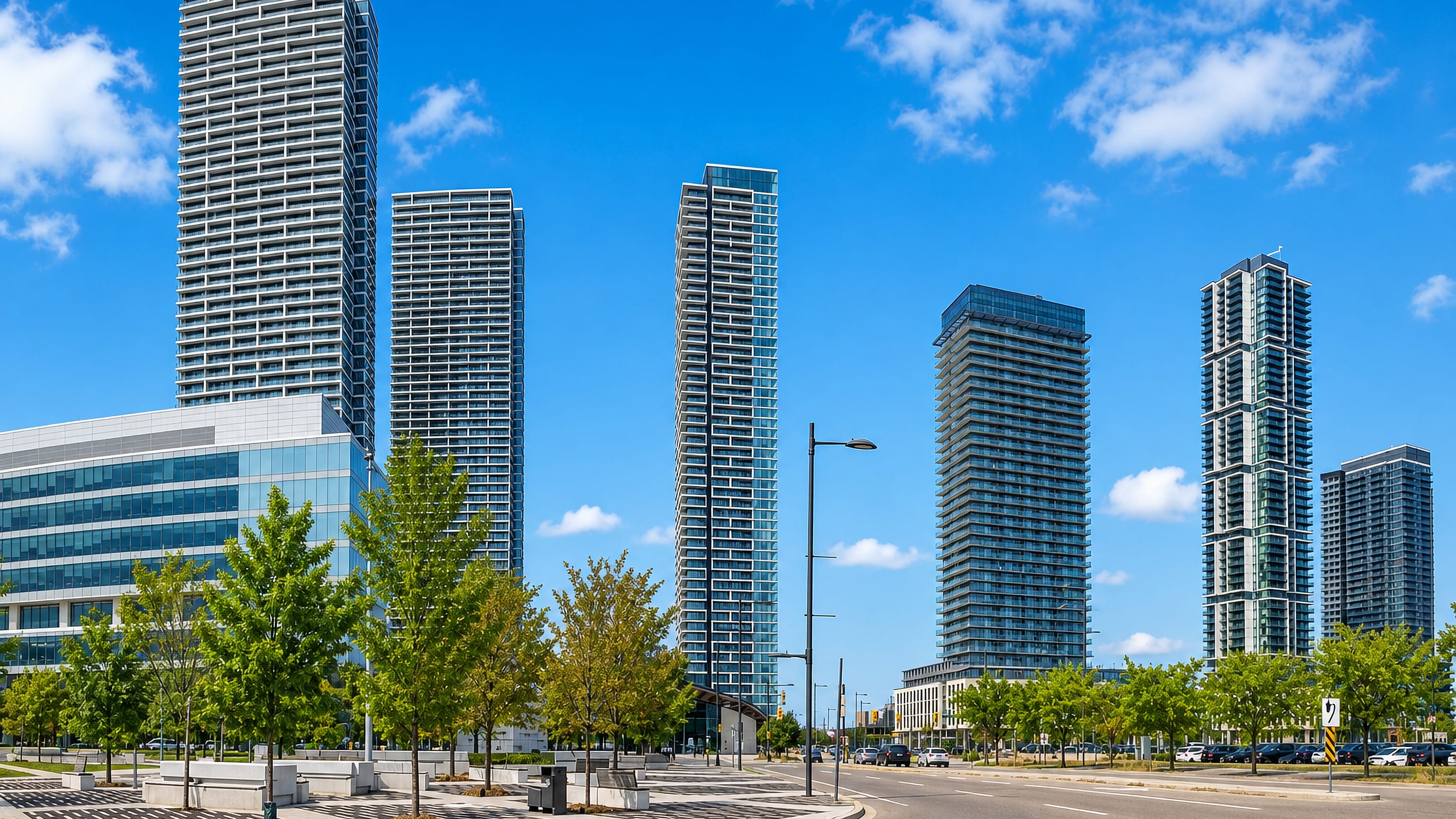 Glass condominium towers of the Vaughan Metropolitan Centre beside a wide boulevard in Vaughan, Ontario.