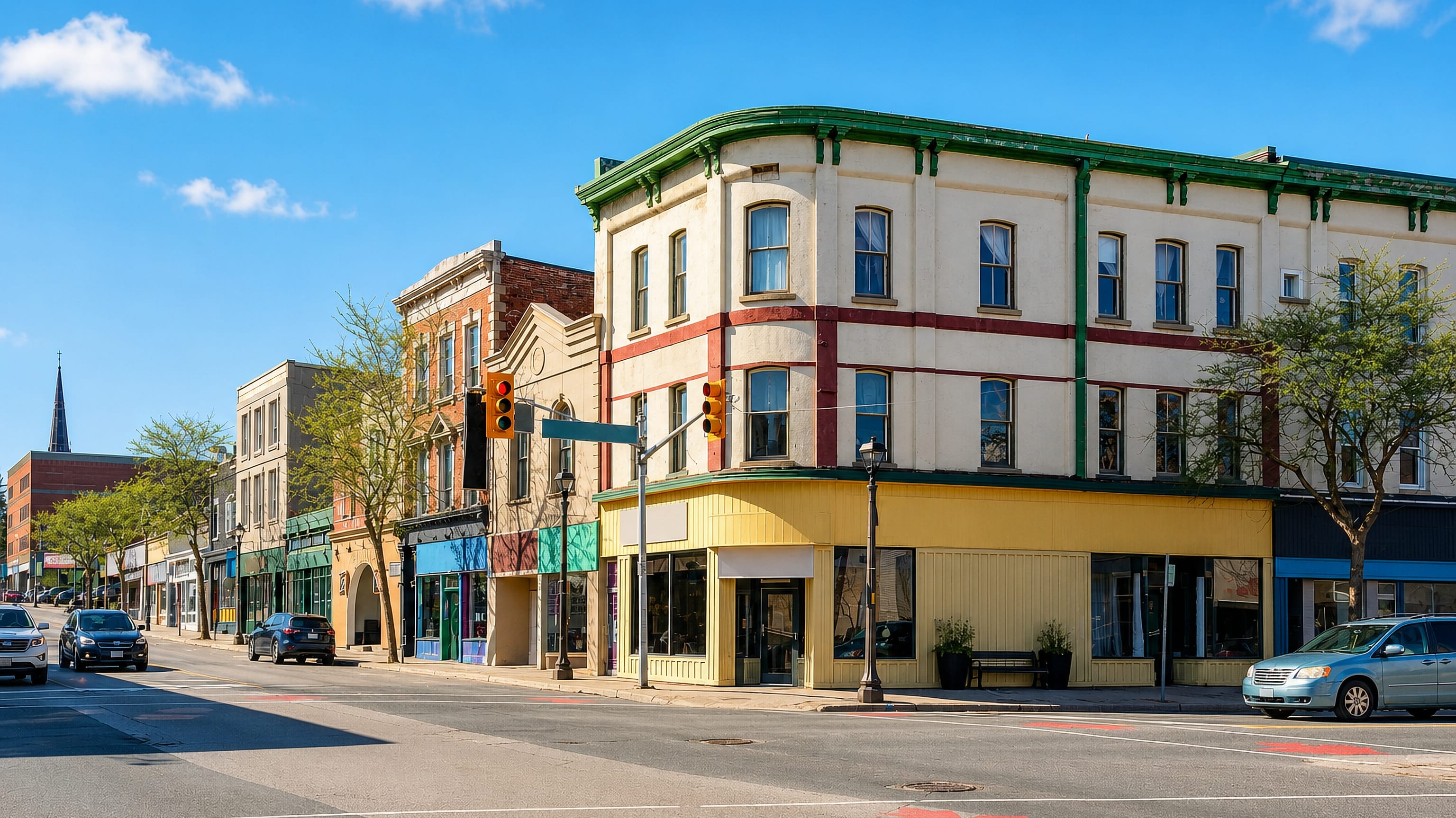 Heritage brick and stucco storefronts along a downtown street corner in Whitby, Ontario.