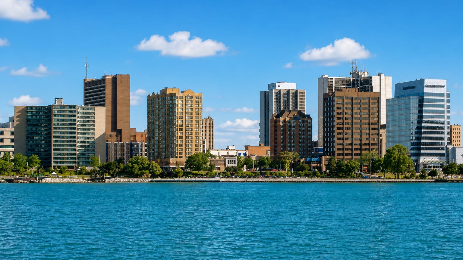 The Windsor, Ontario skyline lines the waterfront across the Detroit River on a clear day.