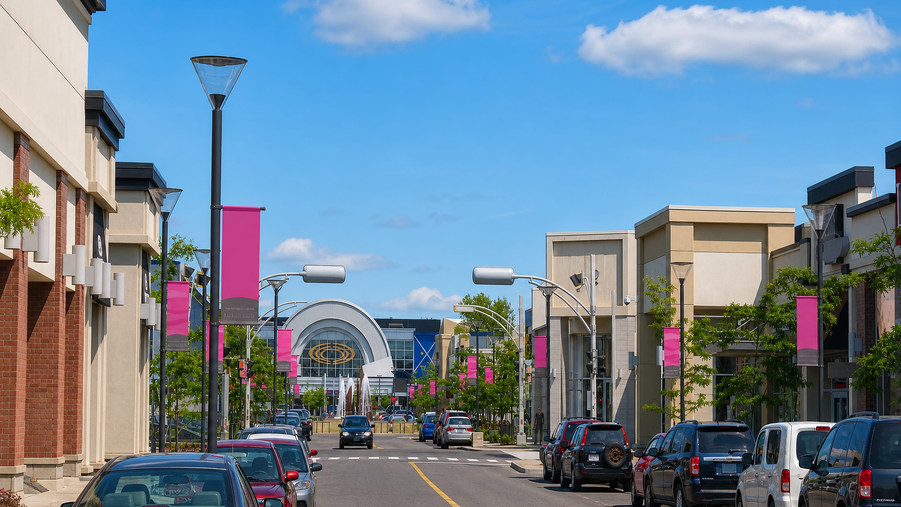 Retail boulevard lined with pink banners leading to a glass-arched shopping centre in Brossard, Quebec
