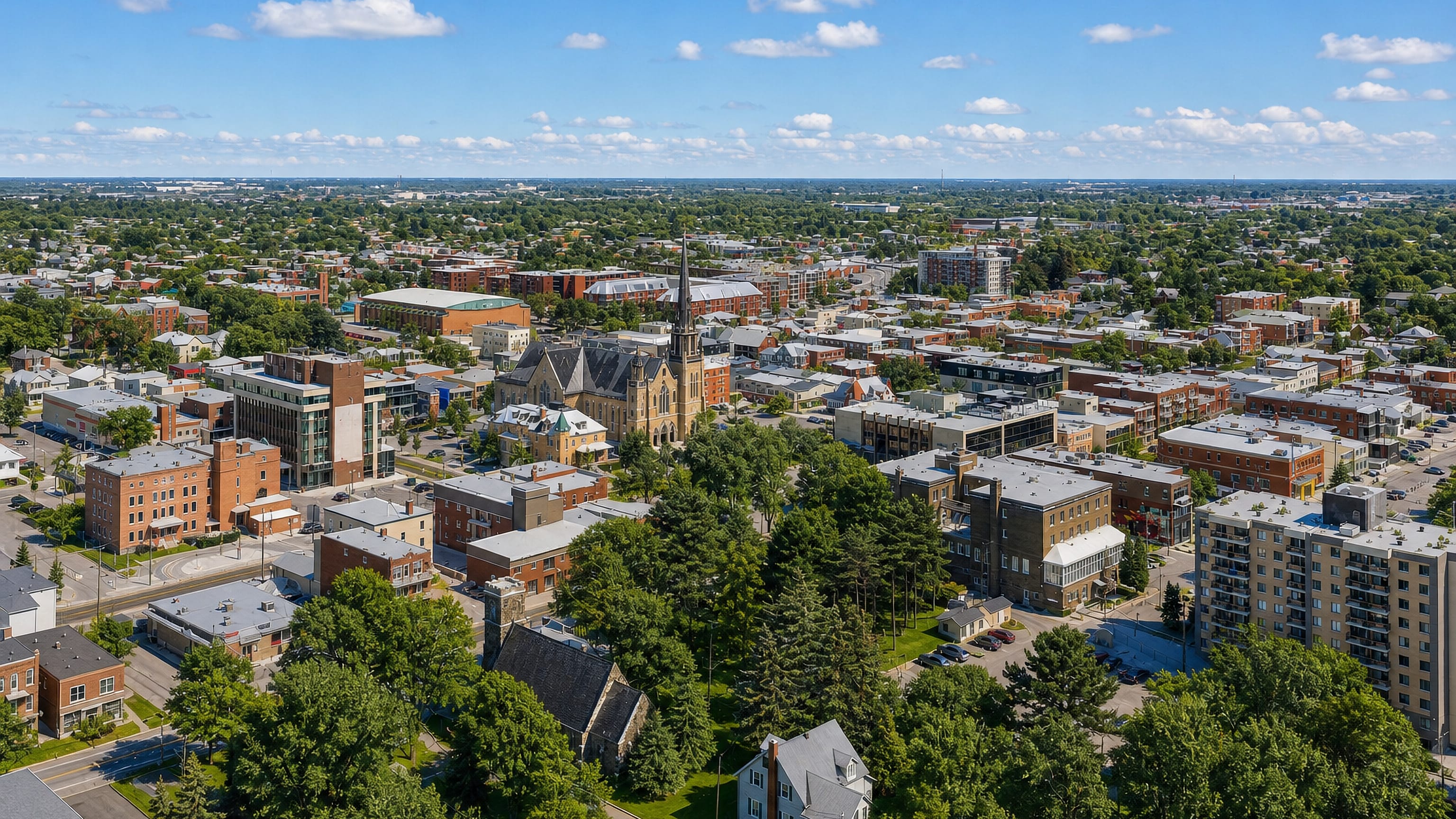 Aerial view over Drummondville, Quebec, with the twin-gabled Saint-Frédéric church spire above tree-lined streets.