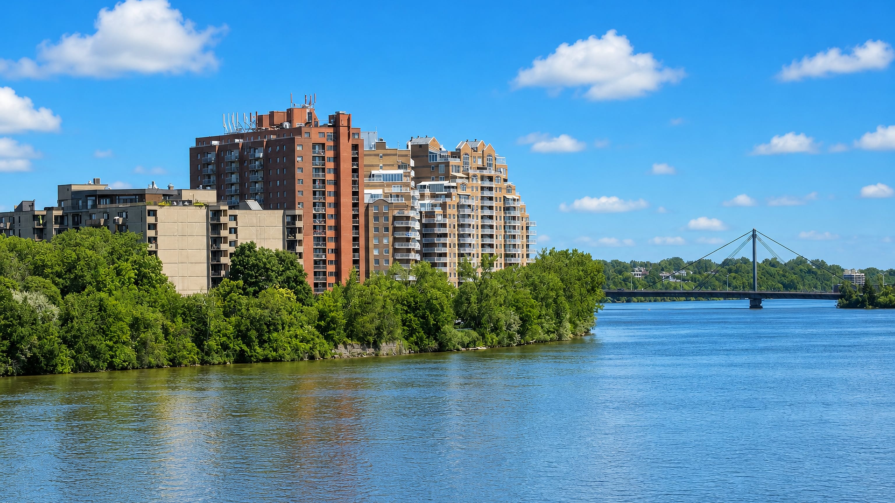 Apartment towers along the wooded Riviere des Prairies shore at Pont-Viau, Laval, with a cable-stayed bridge.