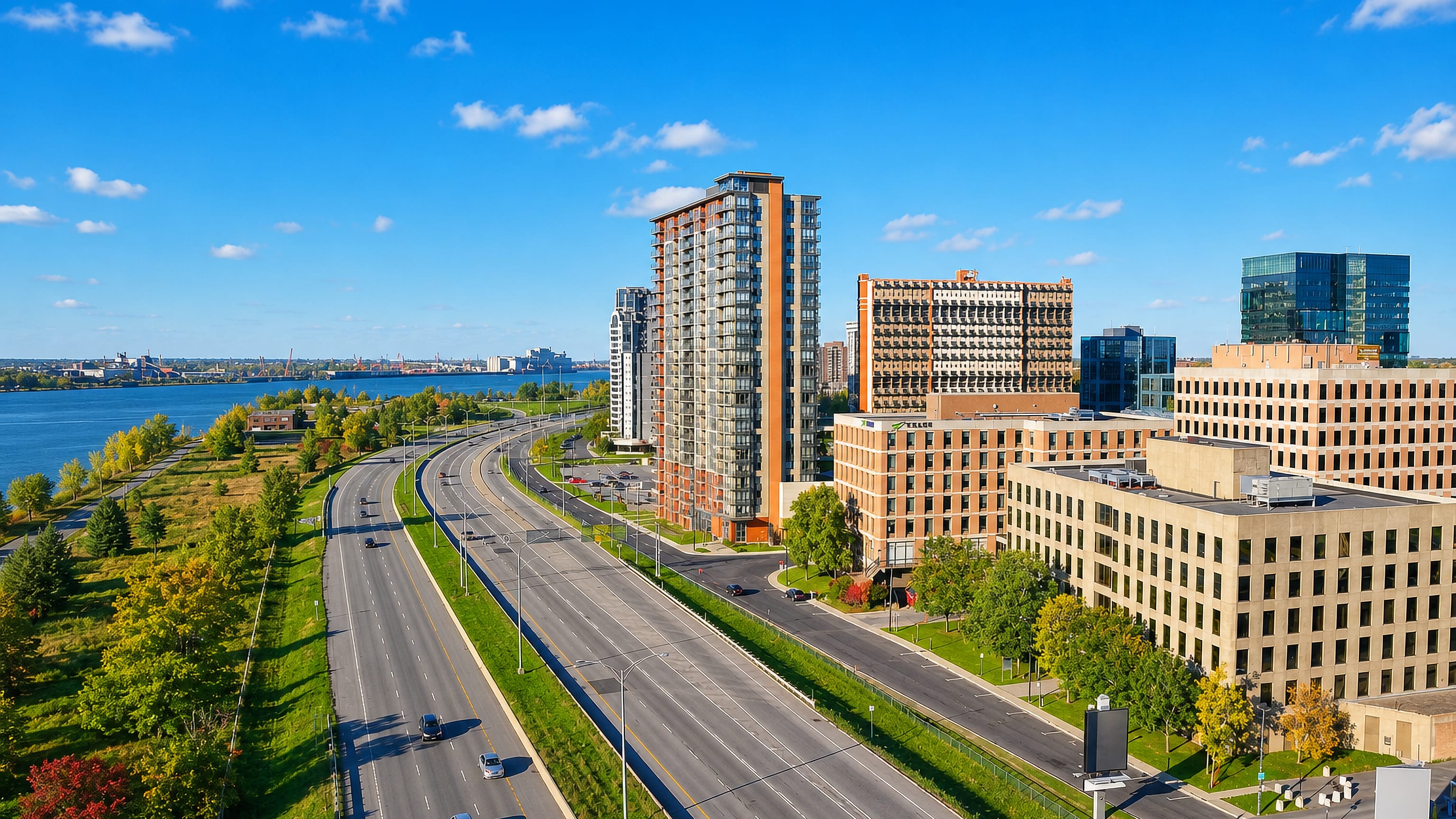 Longueuil's riverside towers and offices beside Route 132, with the St. Lawrence and Montreal beyond.
