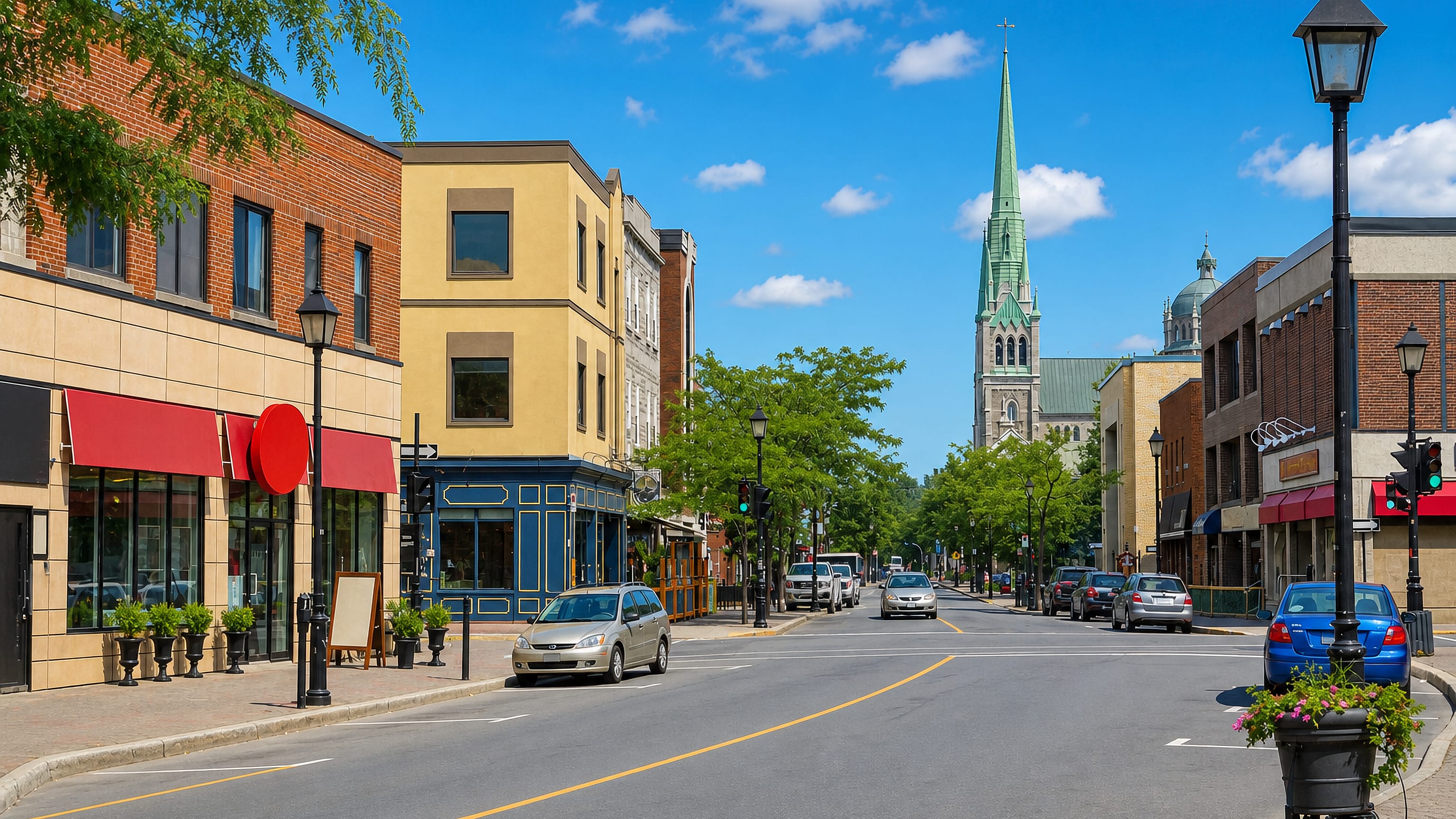 Sunny main street in Le Vieux-Longueuil, Quebec, with brick storefronts and the green-spired co-cathedral ahead.